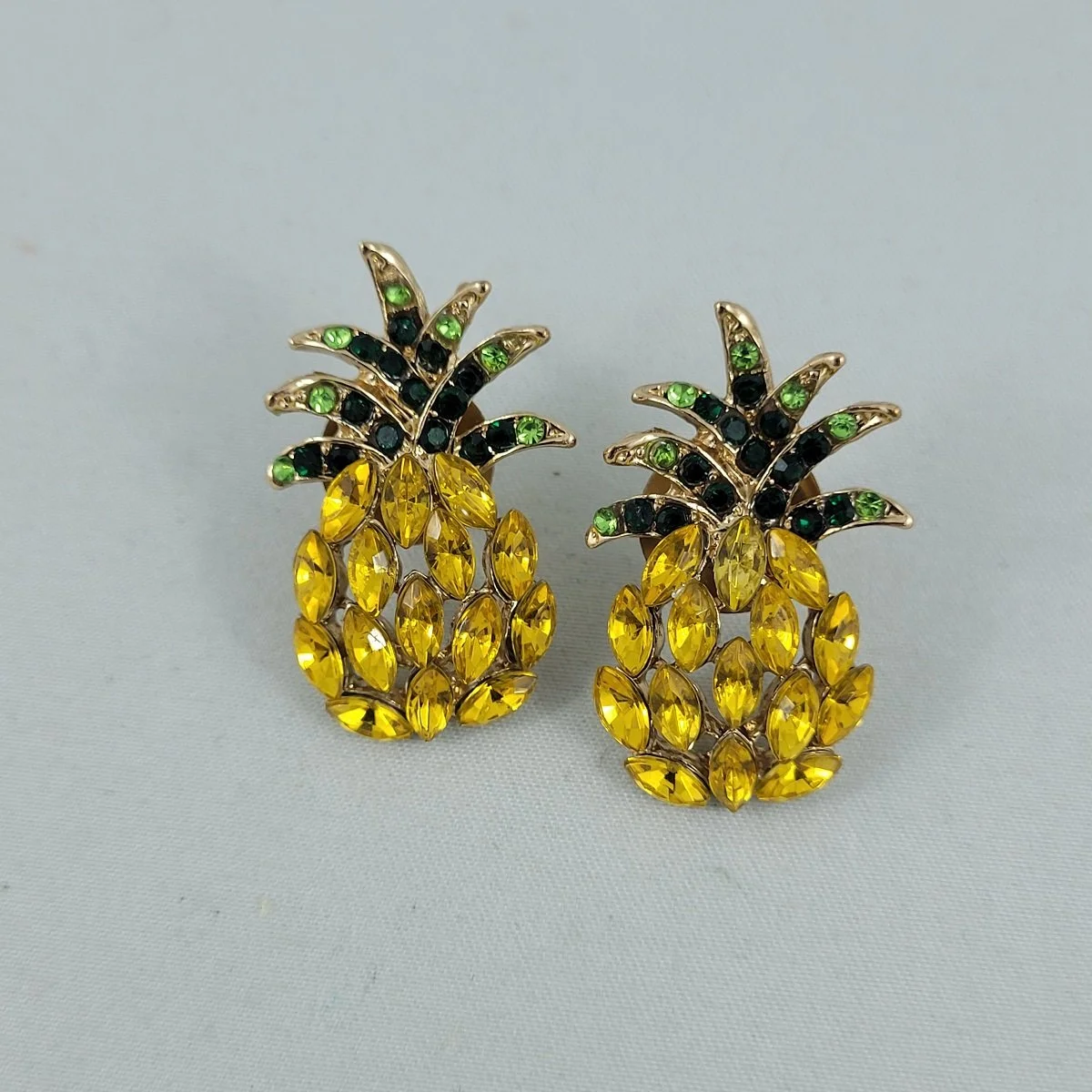Monet Liz Claiborne Pineapple Fruit Plastic Pave Rhinestone Gold Pierced Earrings -1.jpg (Copy)