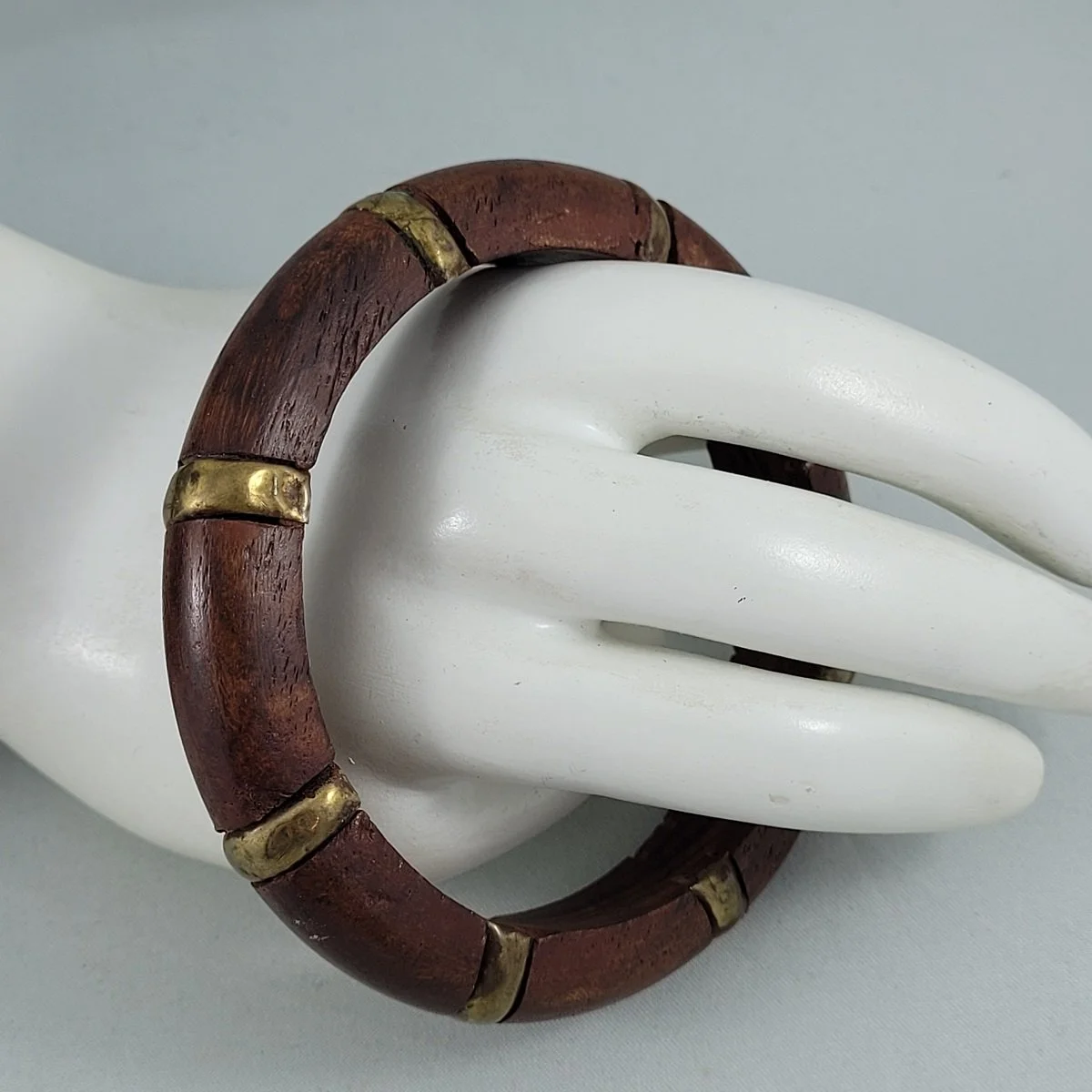 Boho Solid Natural Wood Brass Wrap Inlay Bangle Bracelet Front View
