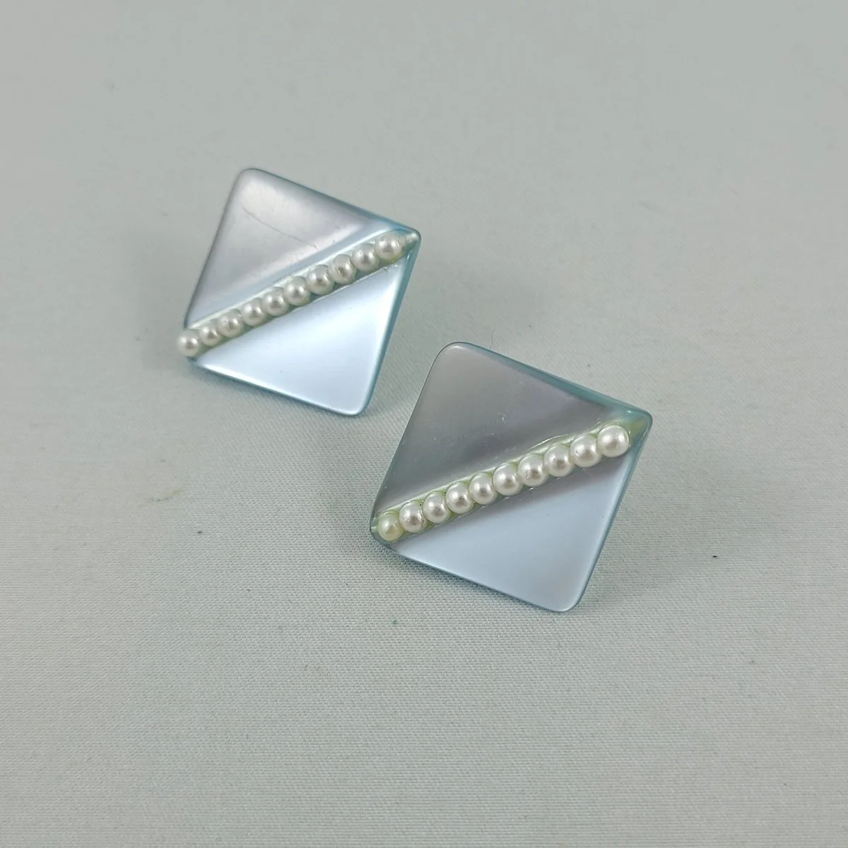 Translucent Baby Blue Moonglow Channel Set Pearls Tapered Square 1 Inch Pierced Earrings -6.jpg