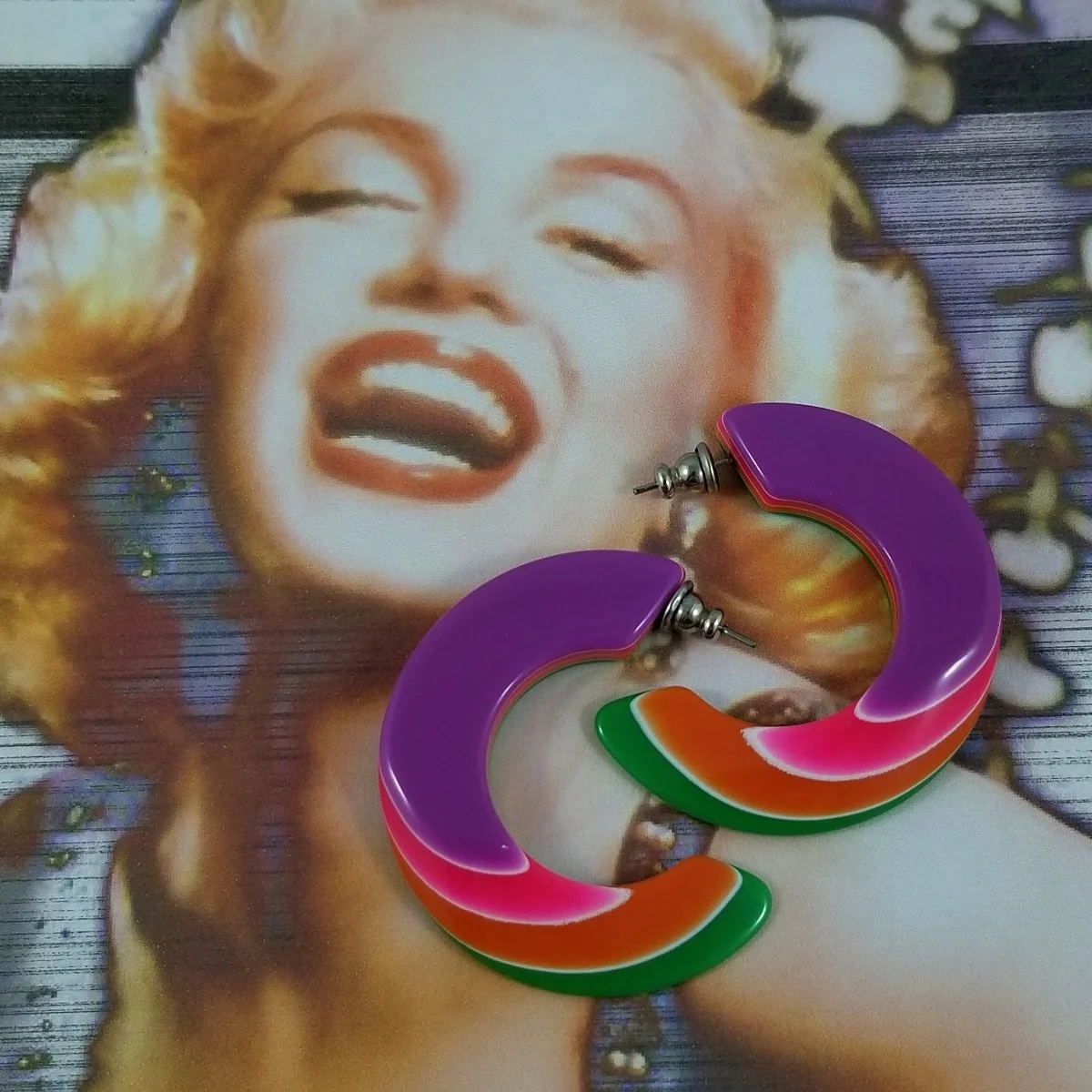 Lea Stein Attributed Rainbow Laminated Rhodoid Plastic Modernist Half Hoop Pierced Earrings -3.jpg