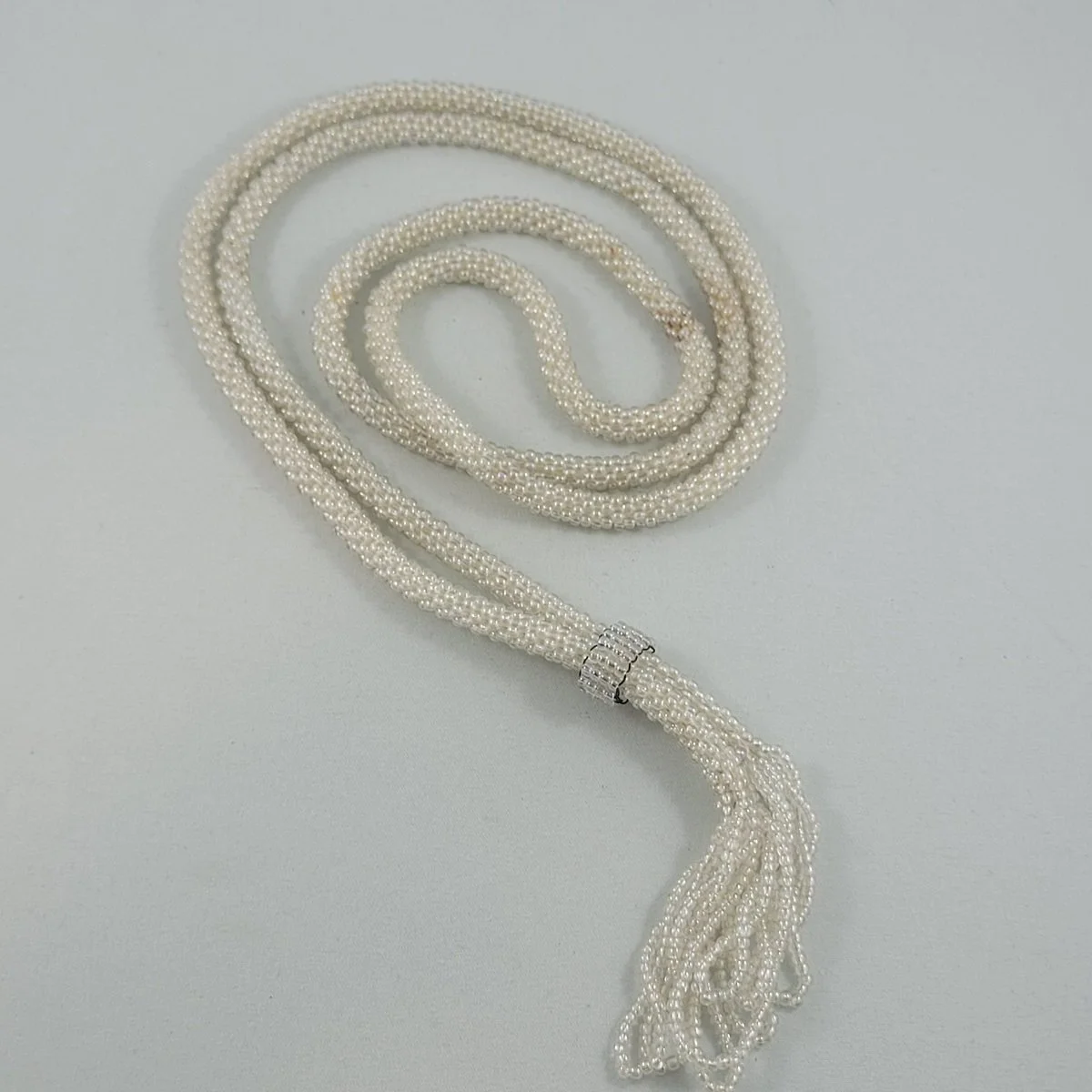 Art Deco Flapper Braided Woven Iridescent Glass Seed Bead Tassel Sautoir Necklace w Slider