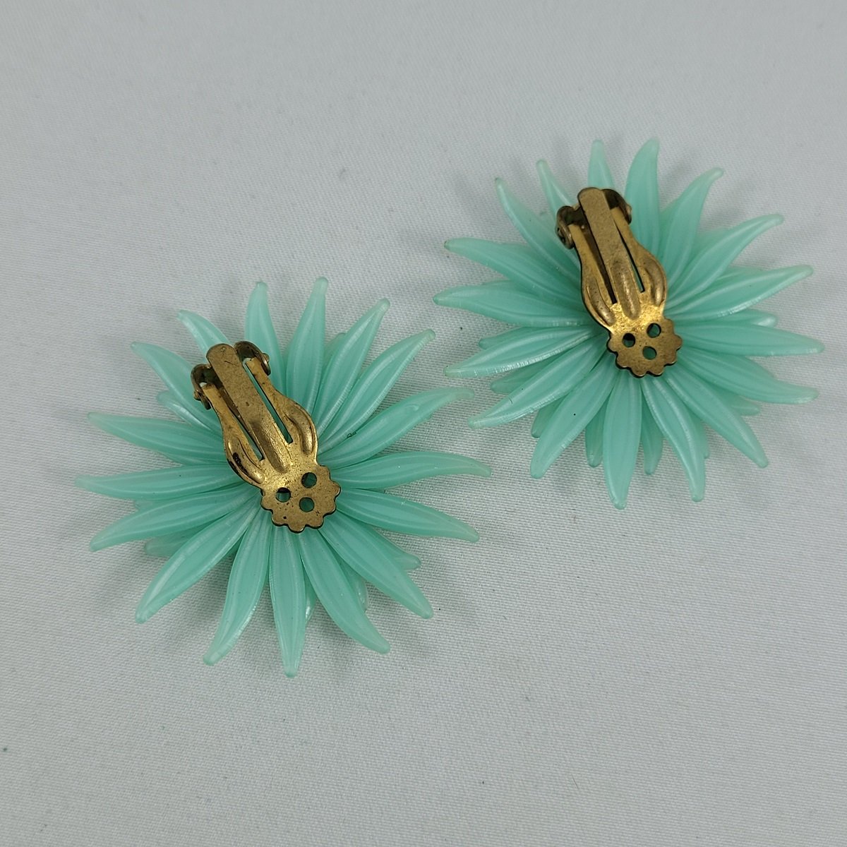 1950's Aqua Green Soft Plastic Triple Layer Chrysanthemum Flower Rhinestone 1.75 Inch Clip-on Earrings Backside