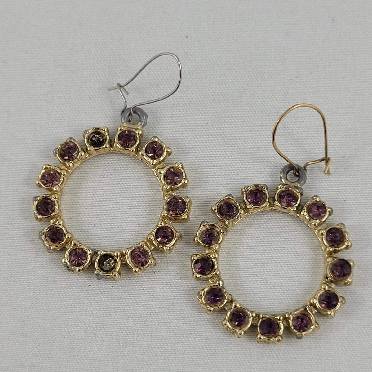 1930's - 1940's Gold Plated Pot Metal Amethyst Glass Paste Rhinestone Round Wreath 1.625 Inch Drop Pierced Kidney Wire Earrings