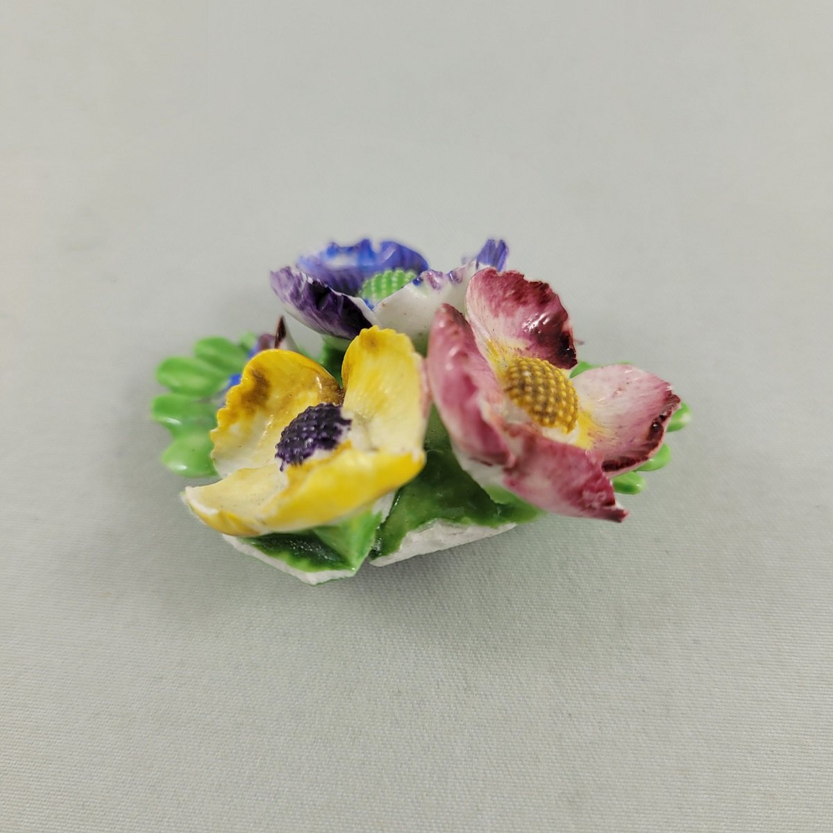 Denton Bone China 1950's Glazed Porcelain Triple Anemone Forget me Not Flower 2 Inch Brooch Made in England Front Side View