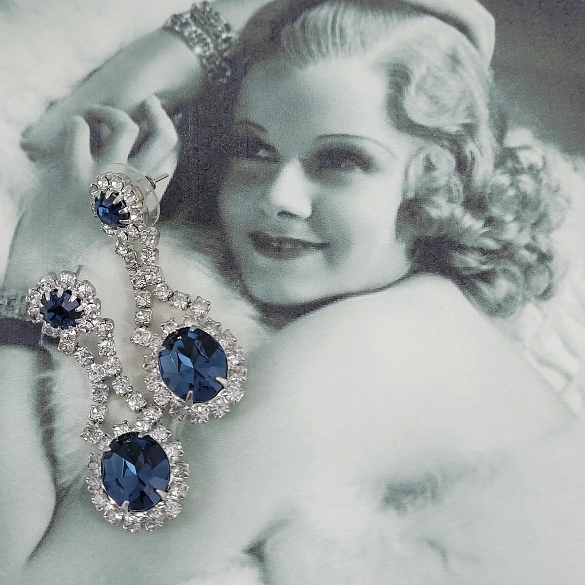 Art Deco Prong Set Oval Round Faceted Blue Sapphire Pave Crystal Rhinestone Double Drop Dangle Pierced Silver-tone Cup Chain Earrings -4.jpg