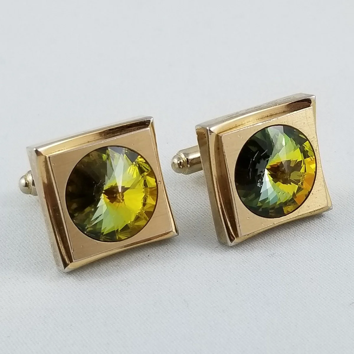 Modernist Olivine Watermelon Rivoli Austrian Crystal Square Cufflinks -5.jpg