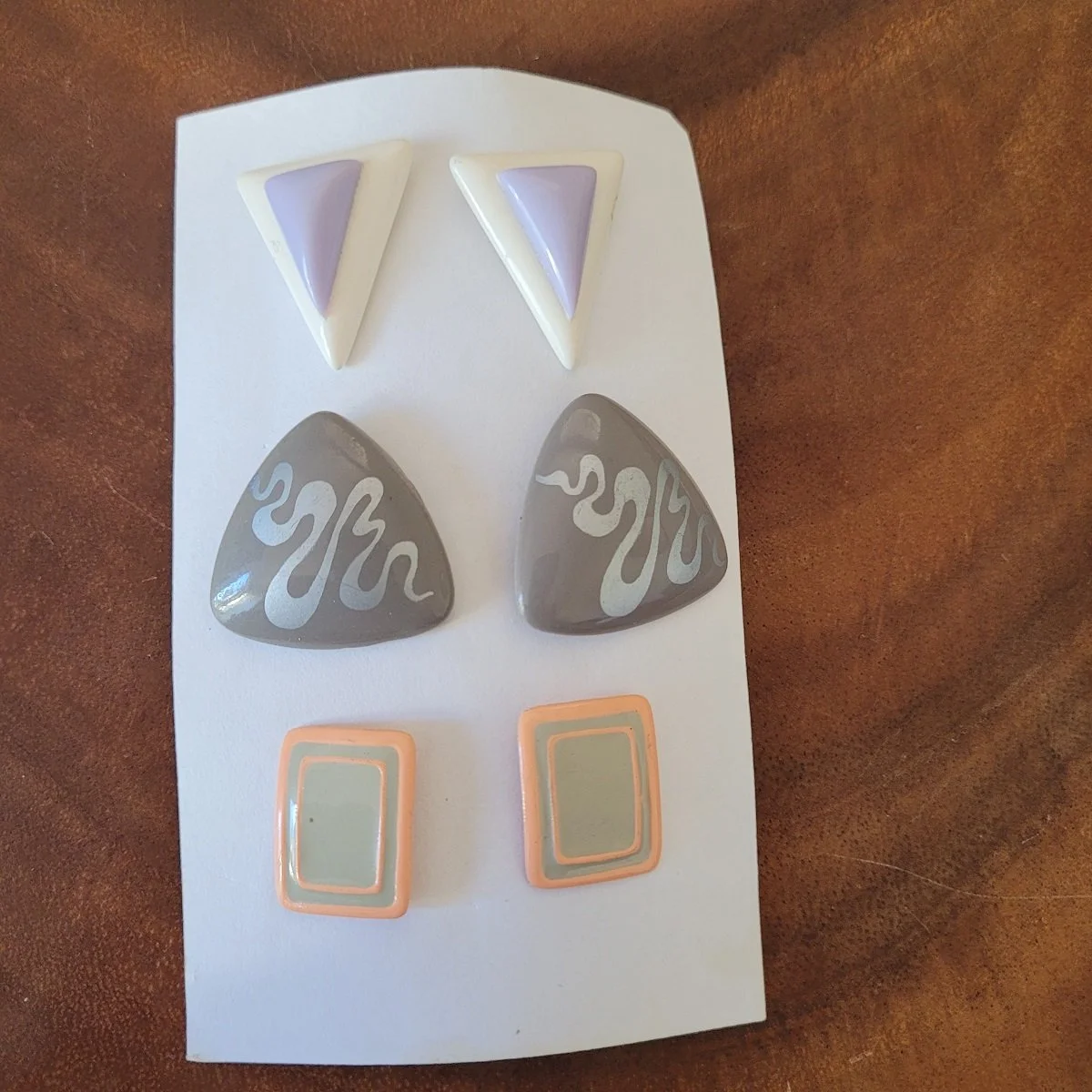 THREE PAIRS - 1950's Layered Lilac White Plastic Triangular Grey Metallic Squiggle Peach Grey Gloss Enamel Pierced Earrings
