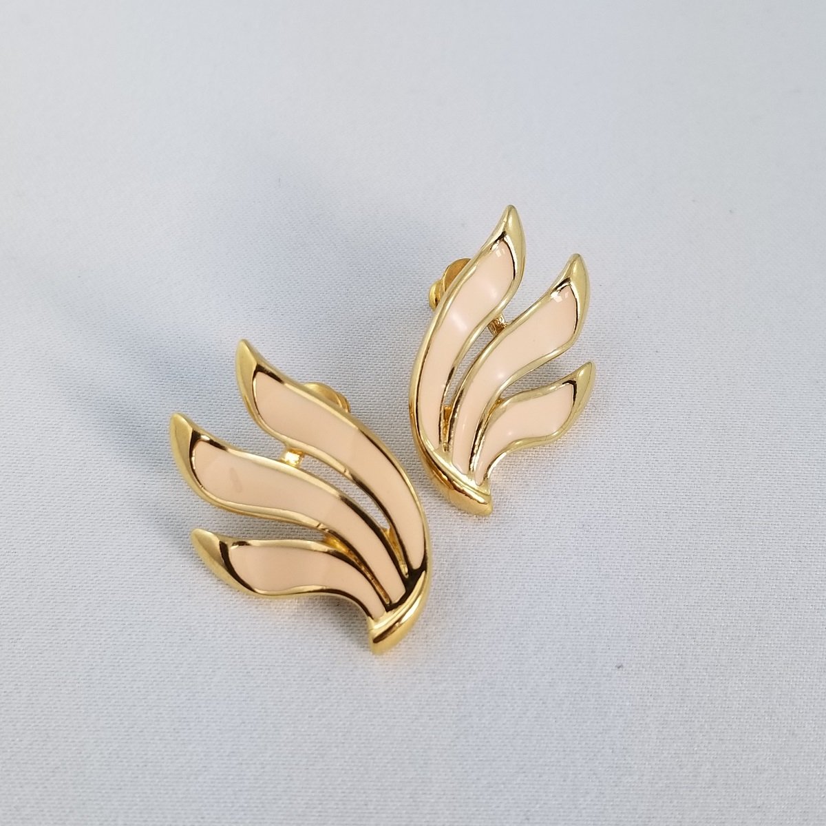 Trifari Pink Enamel Gold-tone Fluid Wing Pierced Earrings.jpg