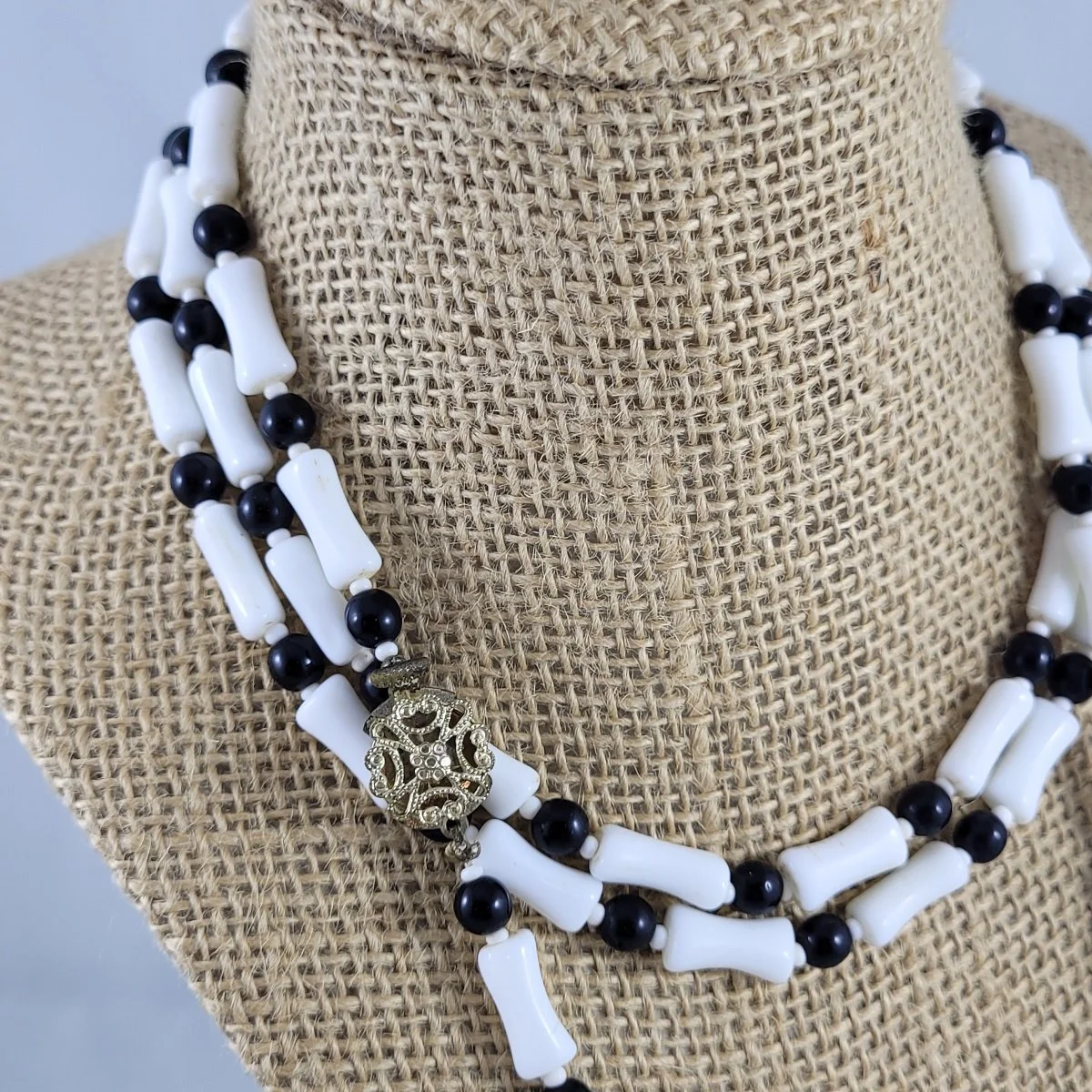 Monochrome Milk Glass Bone Bead Black Round Glass Beaded 55 Inch Rope Necklace w Filigree Box Clasp -1.jpg