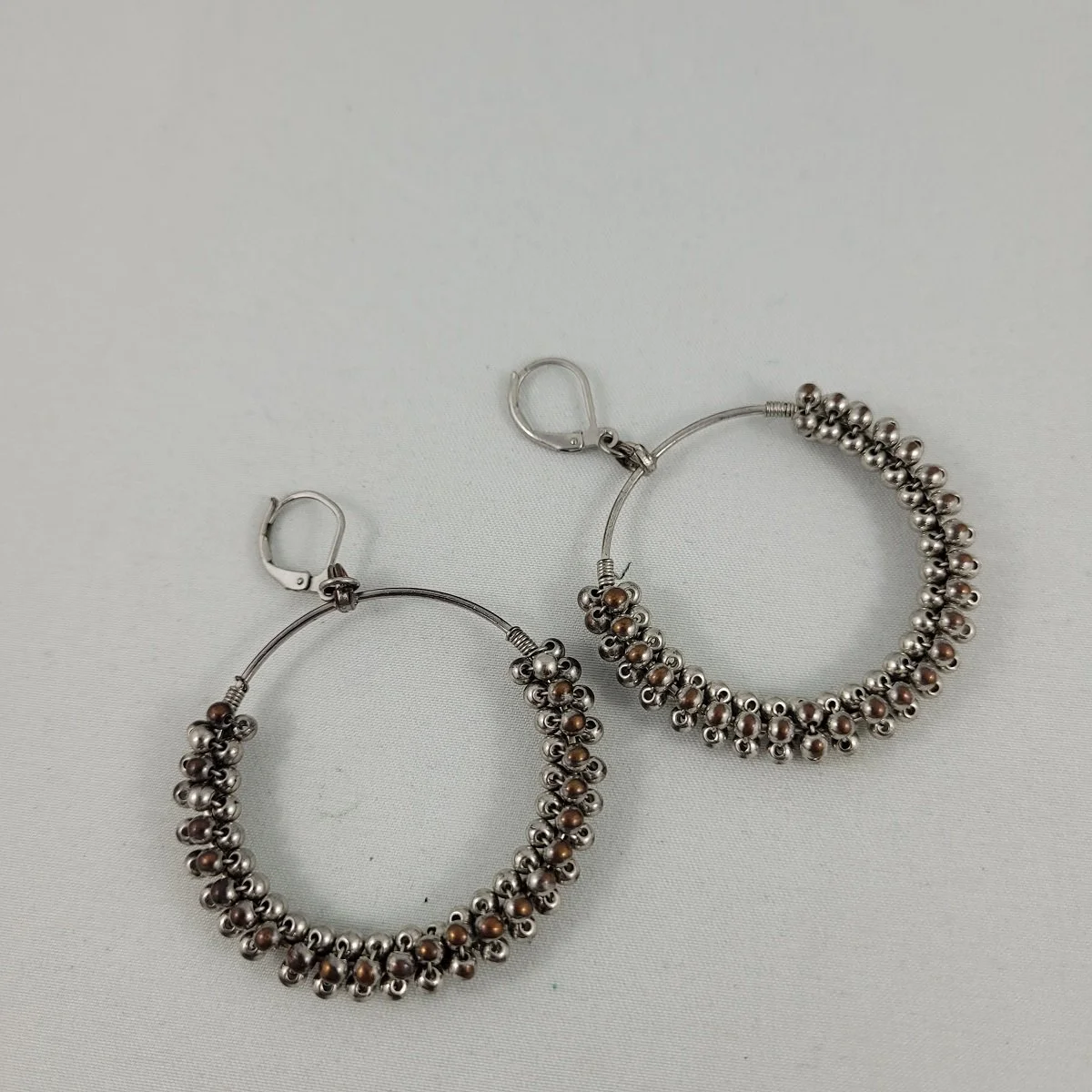 Silvertone Bead Wrap 2.5 Inch Drop 1.875 Inch Hoop Pierced Earrings.jpg