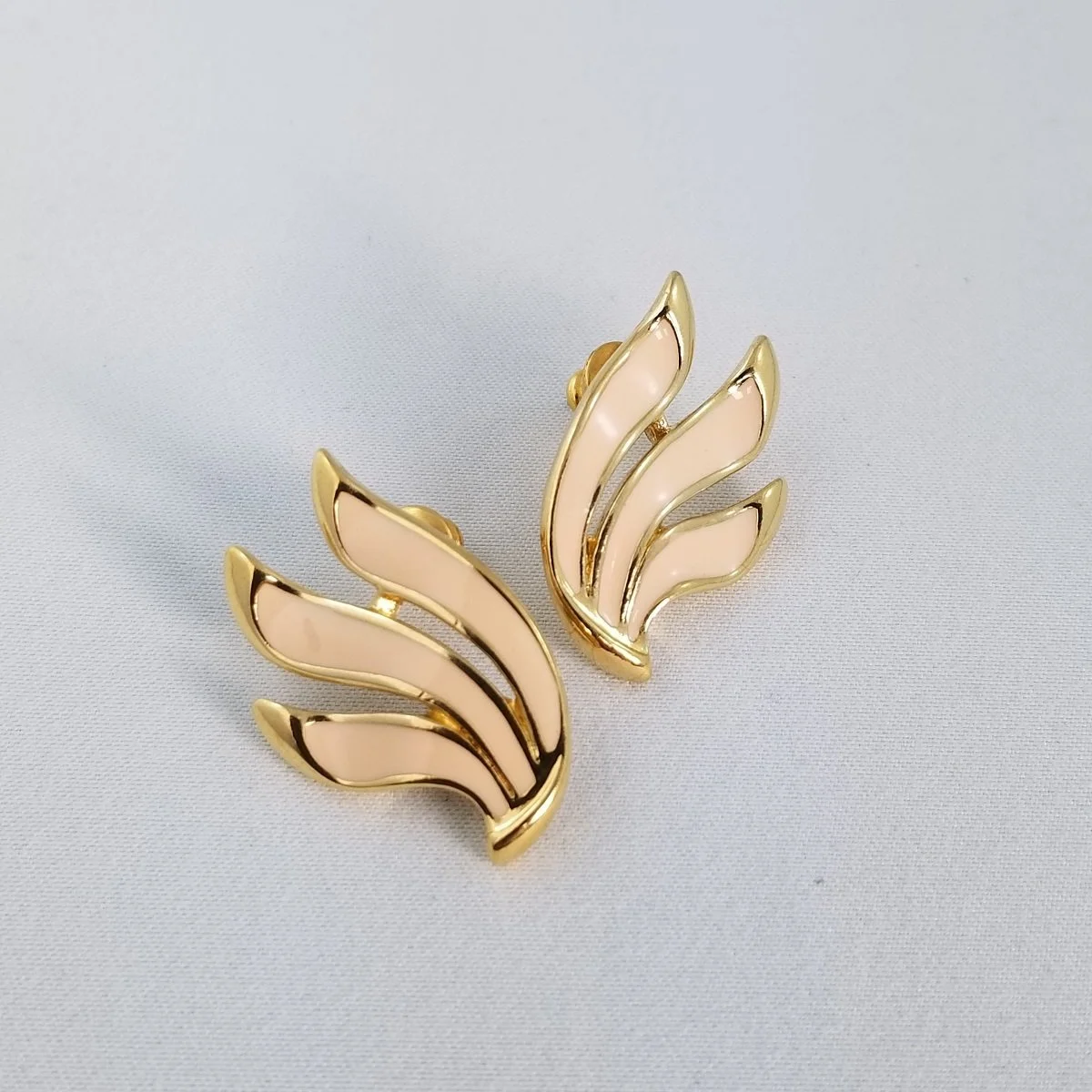 Trifari Pink Enamel Gold-tone Fluid Wing Pierced Earrings.jpg