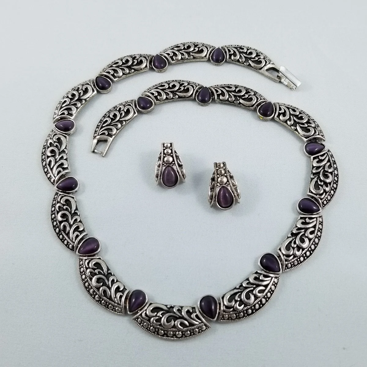 Avon Victorian Splendor Amethyst Moonglow Faux Marcasite Silver-tone Openwork Necklace Pierced Earrings Demi-Parure Set -1.jpg