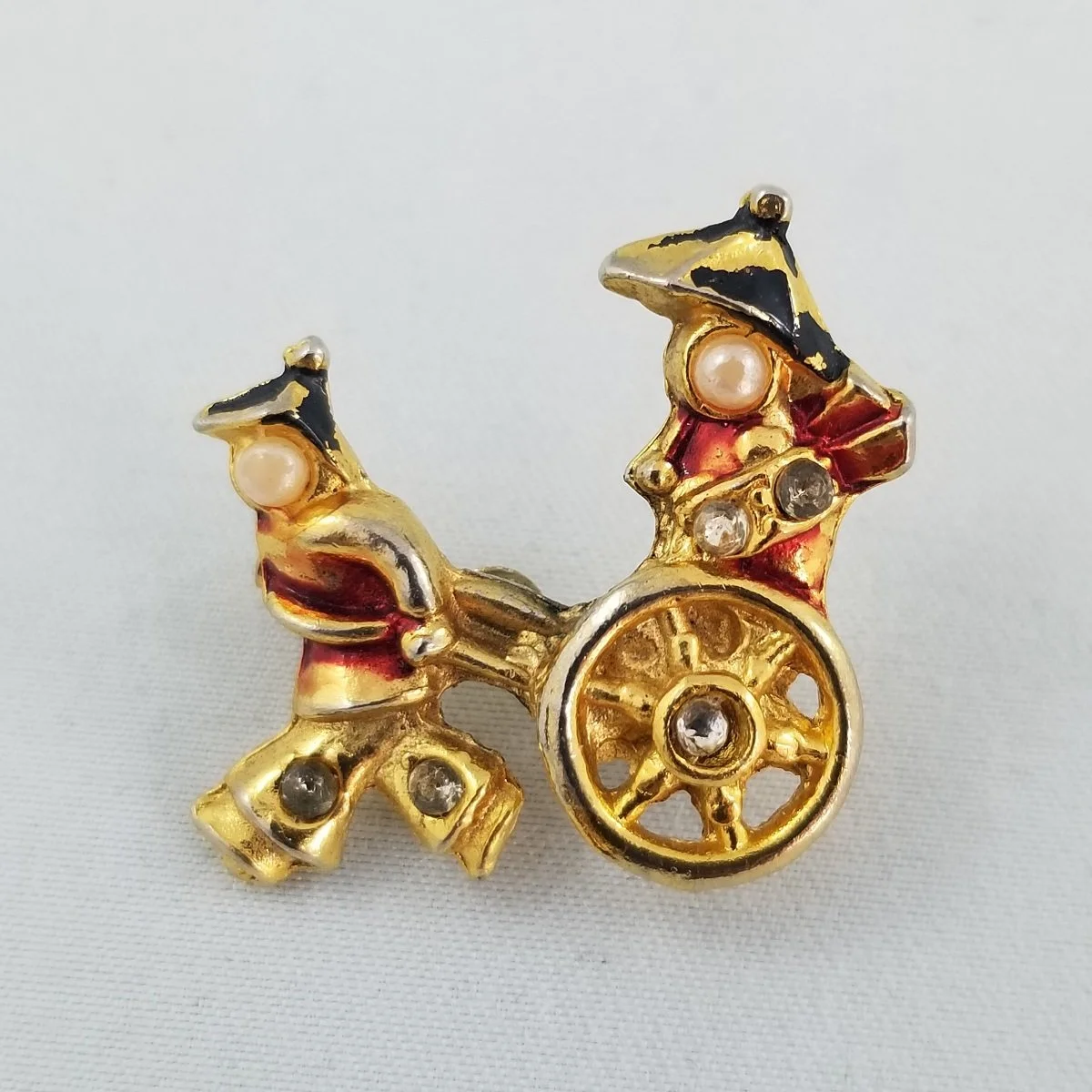 1950's Chinese Rickshaw Pearl Rhinestone Enameled Gold-tone 1 Inch Brooch