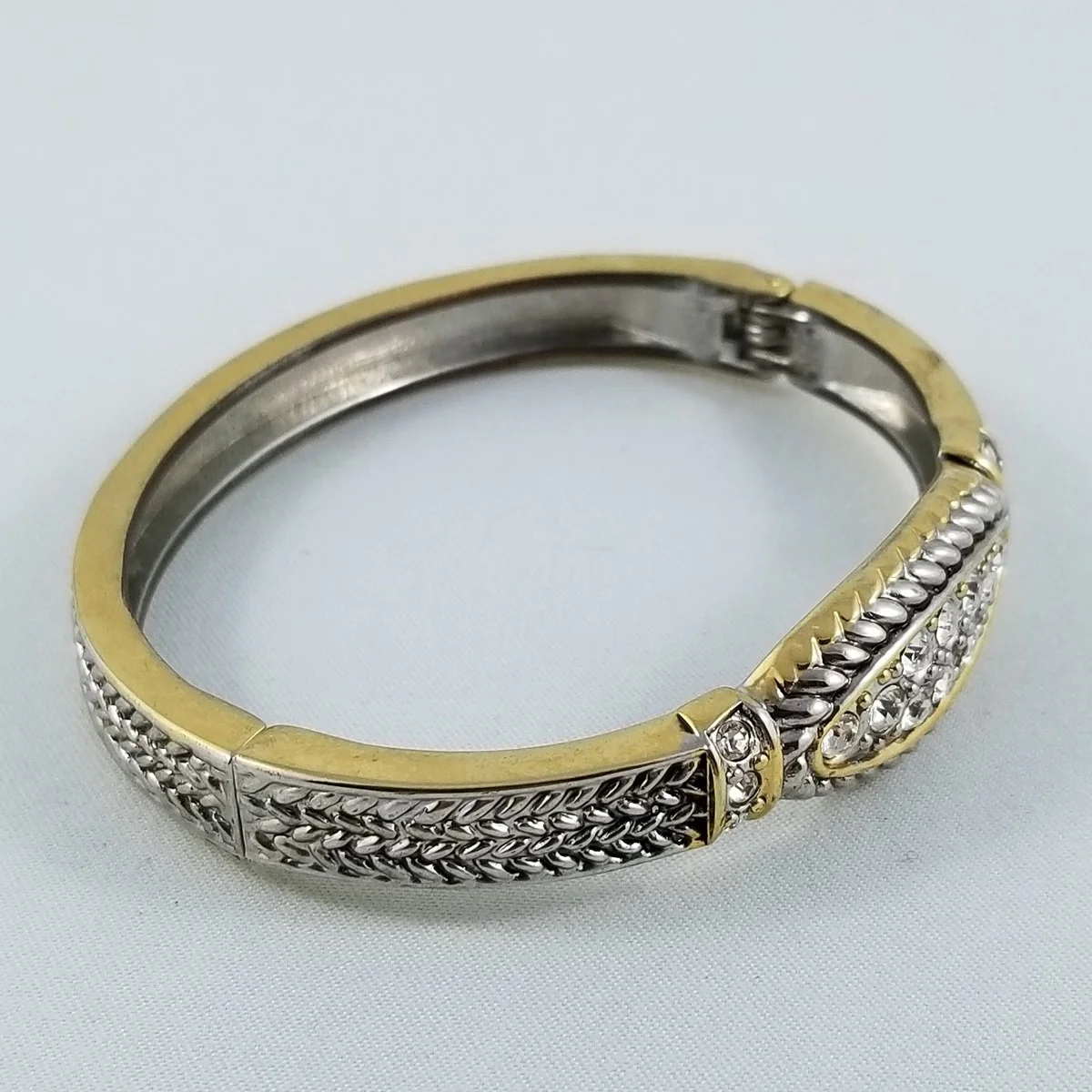 Art Deco Revival Braided Two-Tone Rhinestone Clamper Bangle Bracelet -2.jpg