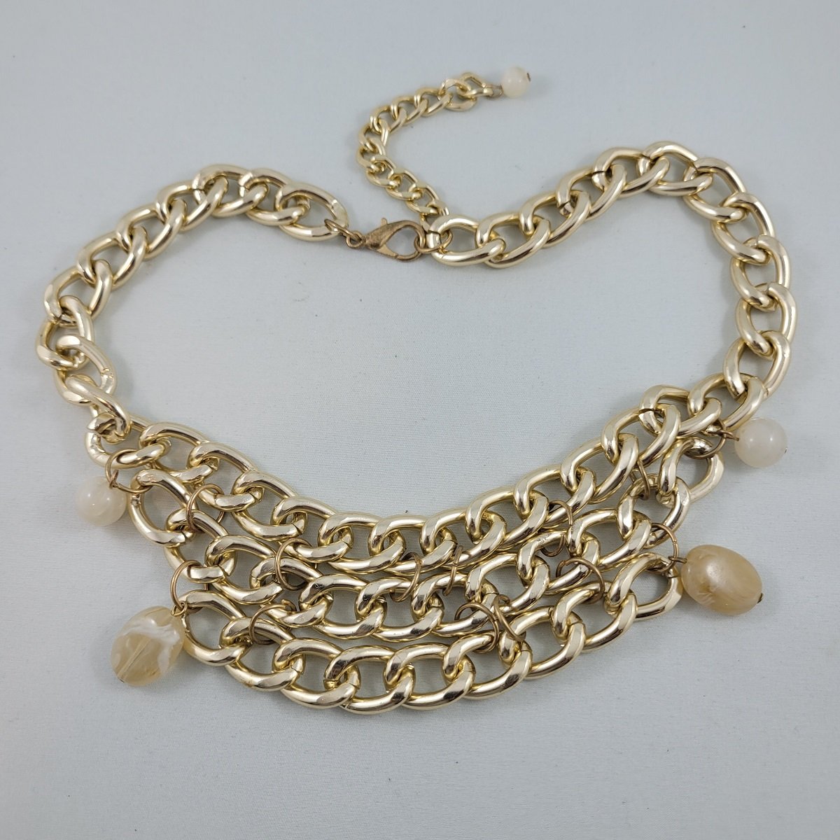 Hefty Gold Curb Chain Faux Citrine Stone Bead Adjustable Princess Bib Necklace front View
