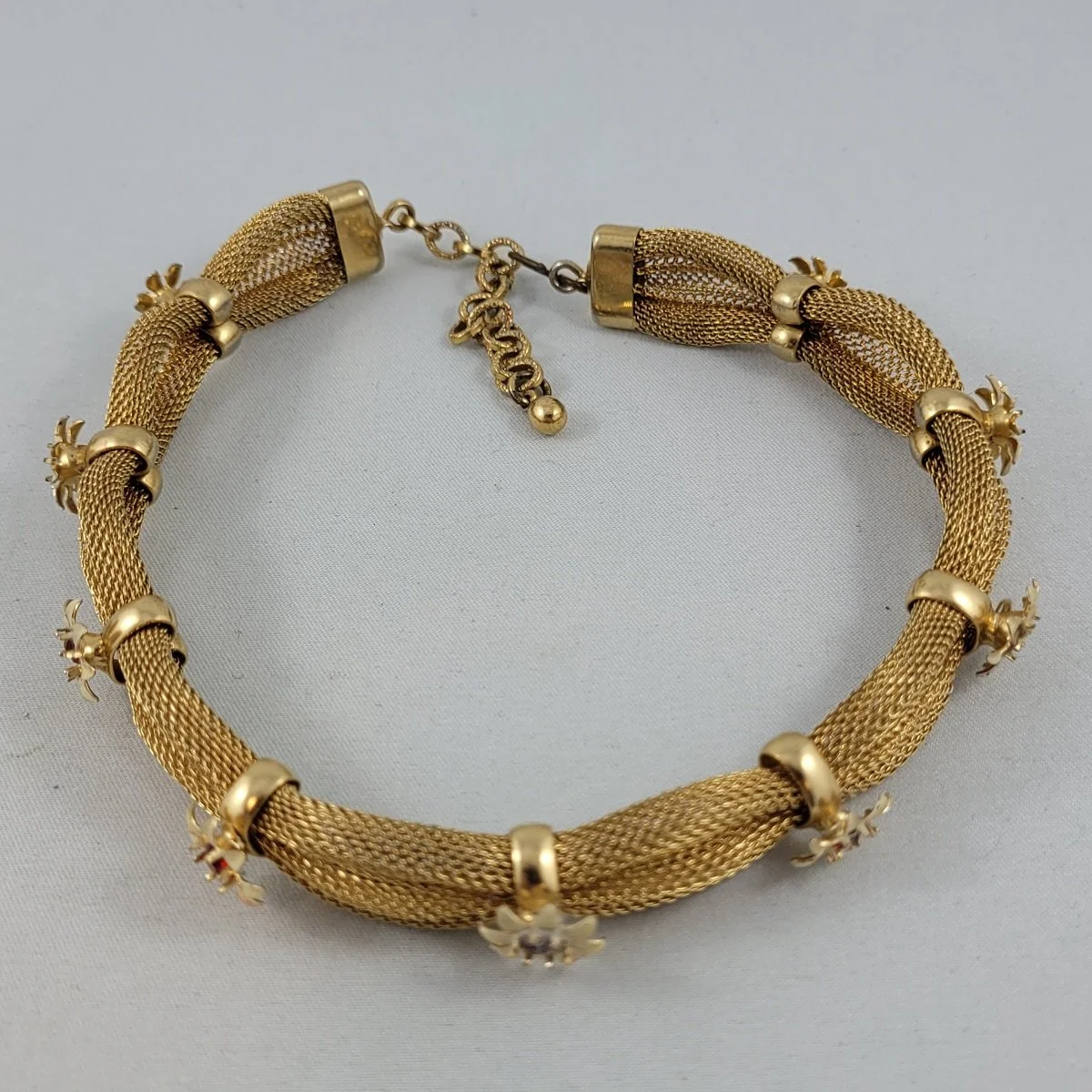 Gold Plated Mesh Red Rhinestone Enameled Flowers Adjustable Collar Necklace.jpg