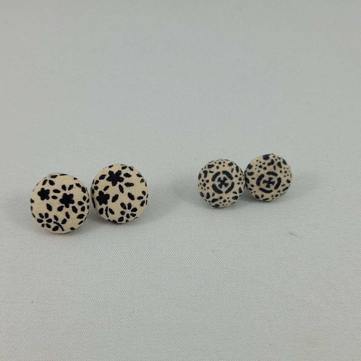 Two Pairs - Fabric Covered Black White Floral and Navy Cross 14.6mm 12.3mm Round Button Pierced Earrings