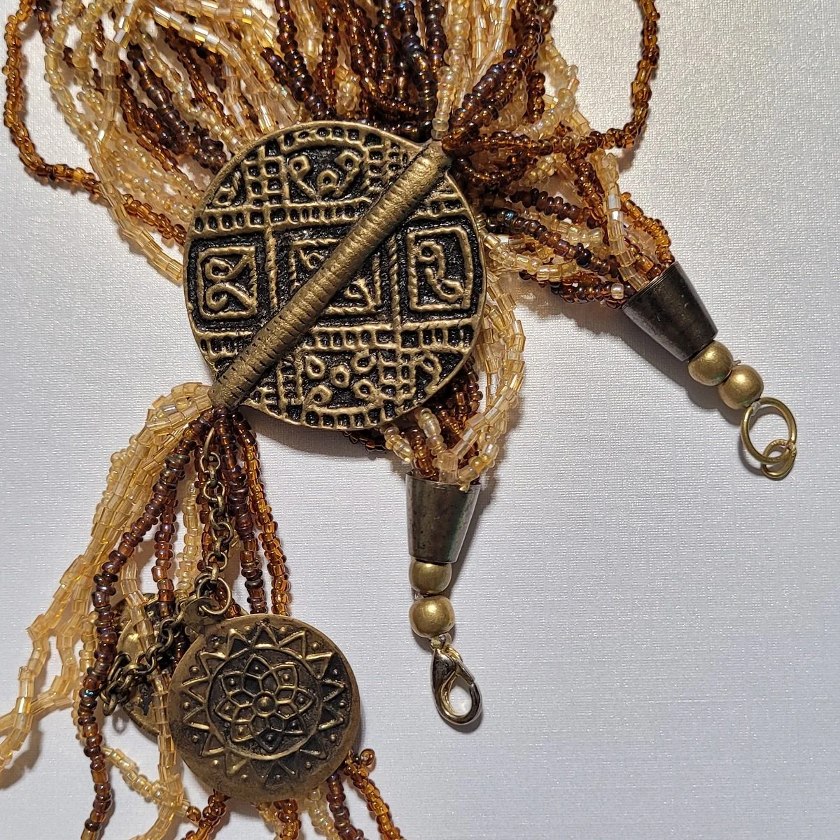 Boho Iridescent Topaz Citrine Glass Tube Microbead Brass Double-Sided Fixed Medallion Pendant Coin Tassel Beaded Torsade Princess Necklace -8.jpg