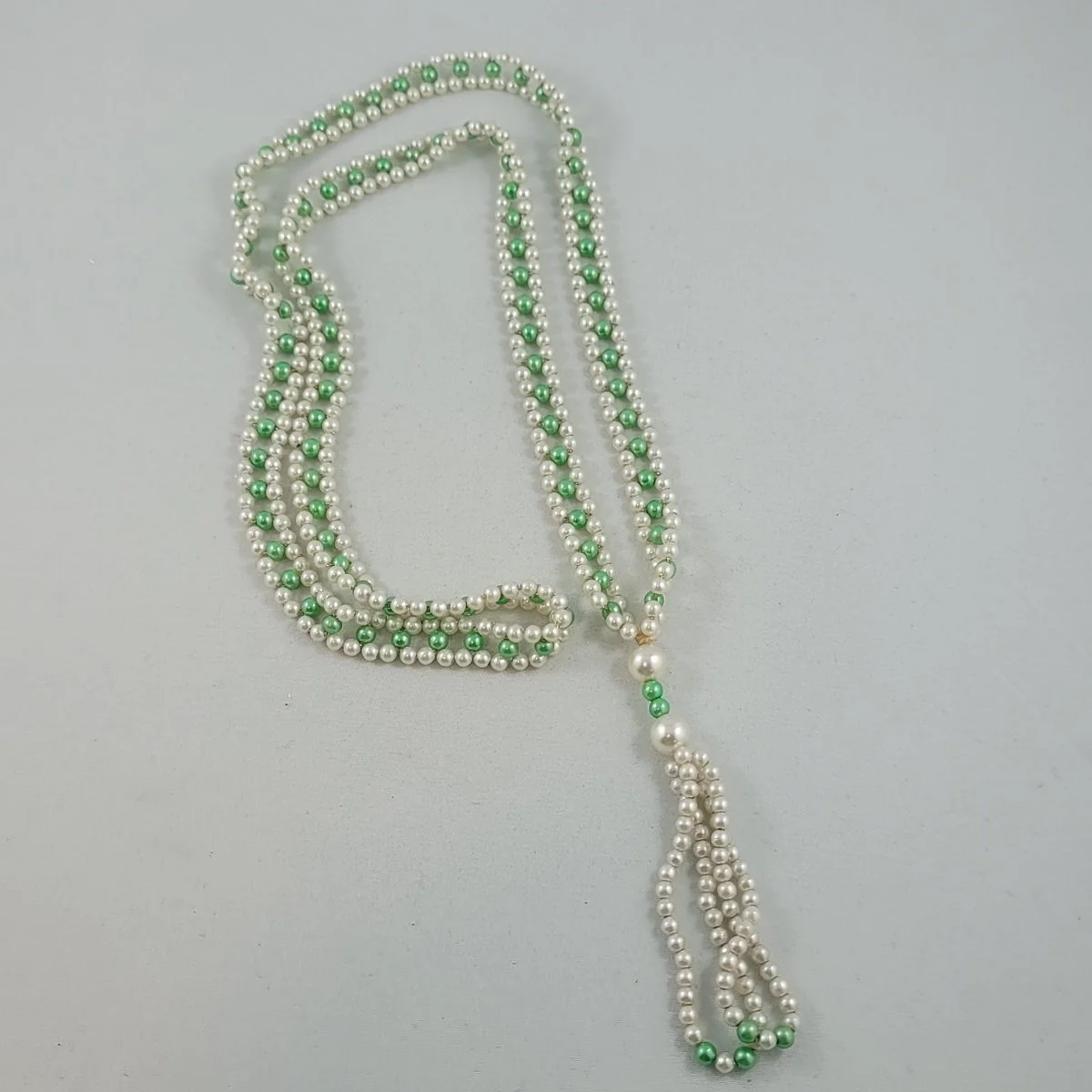 Flapper Revival Woven Green White Faux Pearl Bead Sautoir Necklace with Loop Tassel.jpg (Copy)