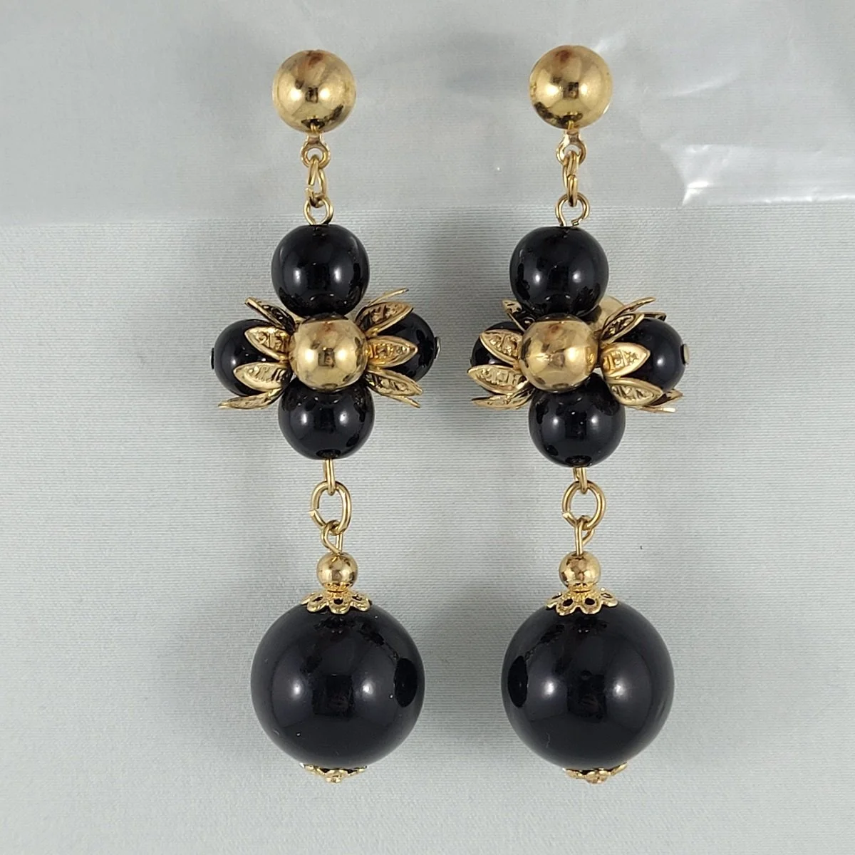 Black Bead Cluster 3 Inch Dangle Drop Pierced Earrings w Gold Accent -1.jpg