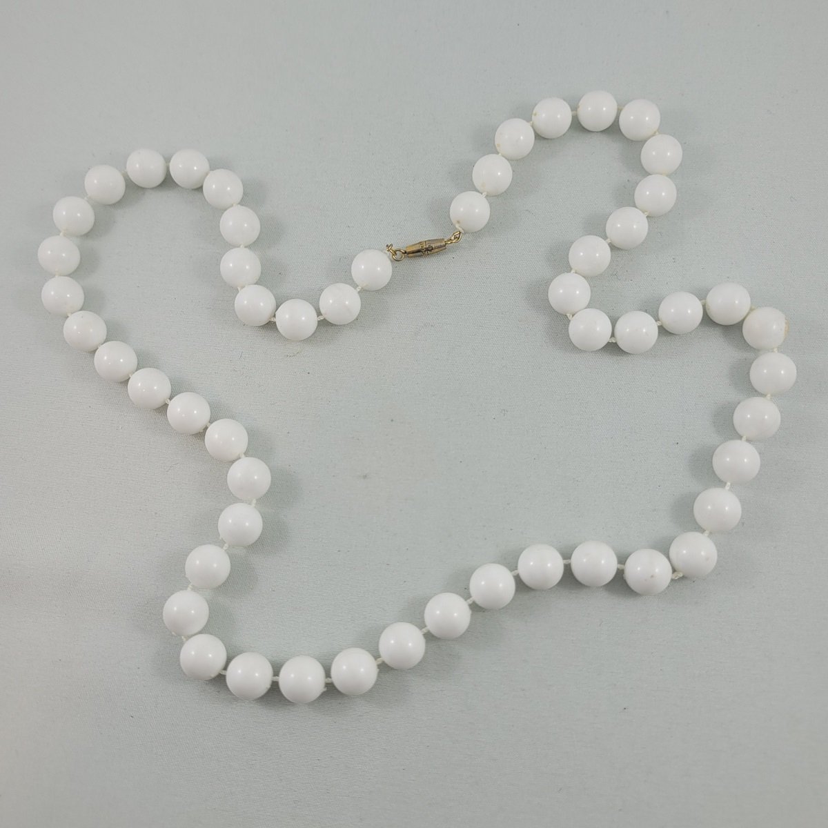 1930's Moulded Plastic White Fixed 10mm Bead Beaded 25 Inch Matinee Necklace w Barrel Clasp