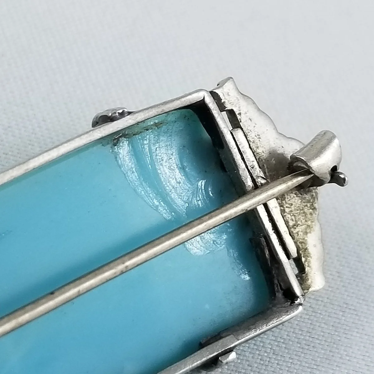 Art Deco 1920’s “Stair-Step” Geometric Blue Slag Glass Silver Bar Brooch -6.jpg