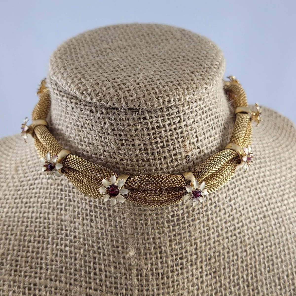 Coro Cream Enameled Floral Pinched Mesh Gold-Plated Red Rhinestone Adjustable Collar Necklace