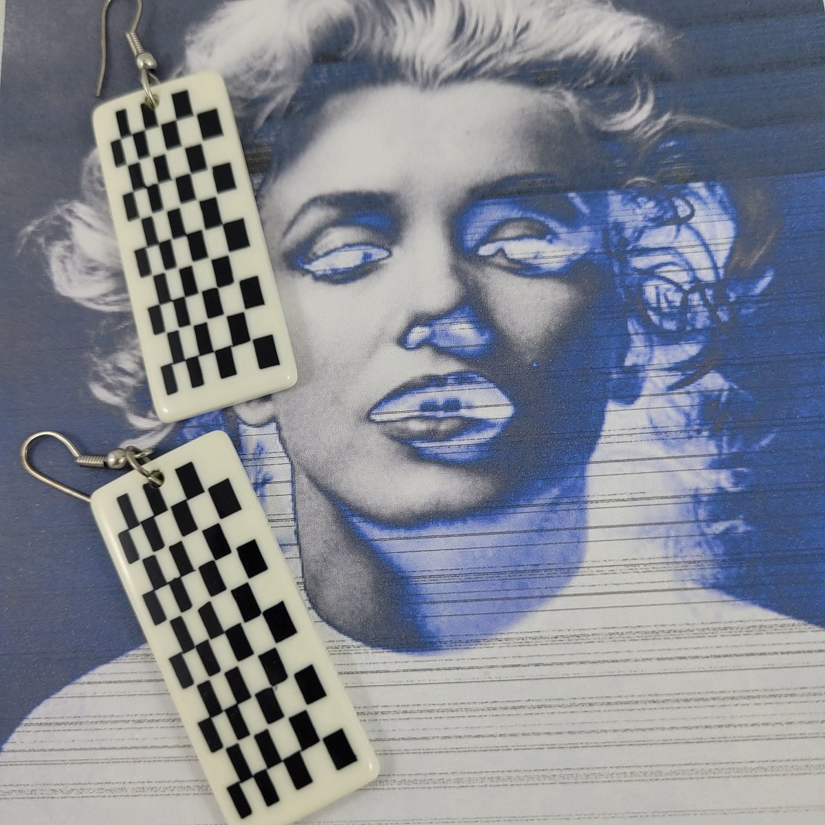 Black and White Checkerboard Lucite Rectangular 2.65 Inch Drop Pierced Earrings Pose