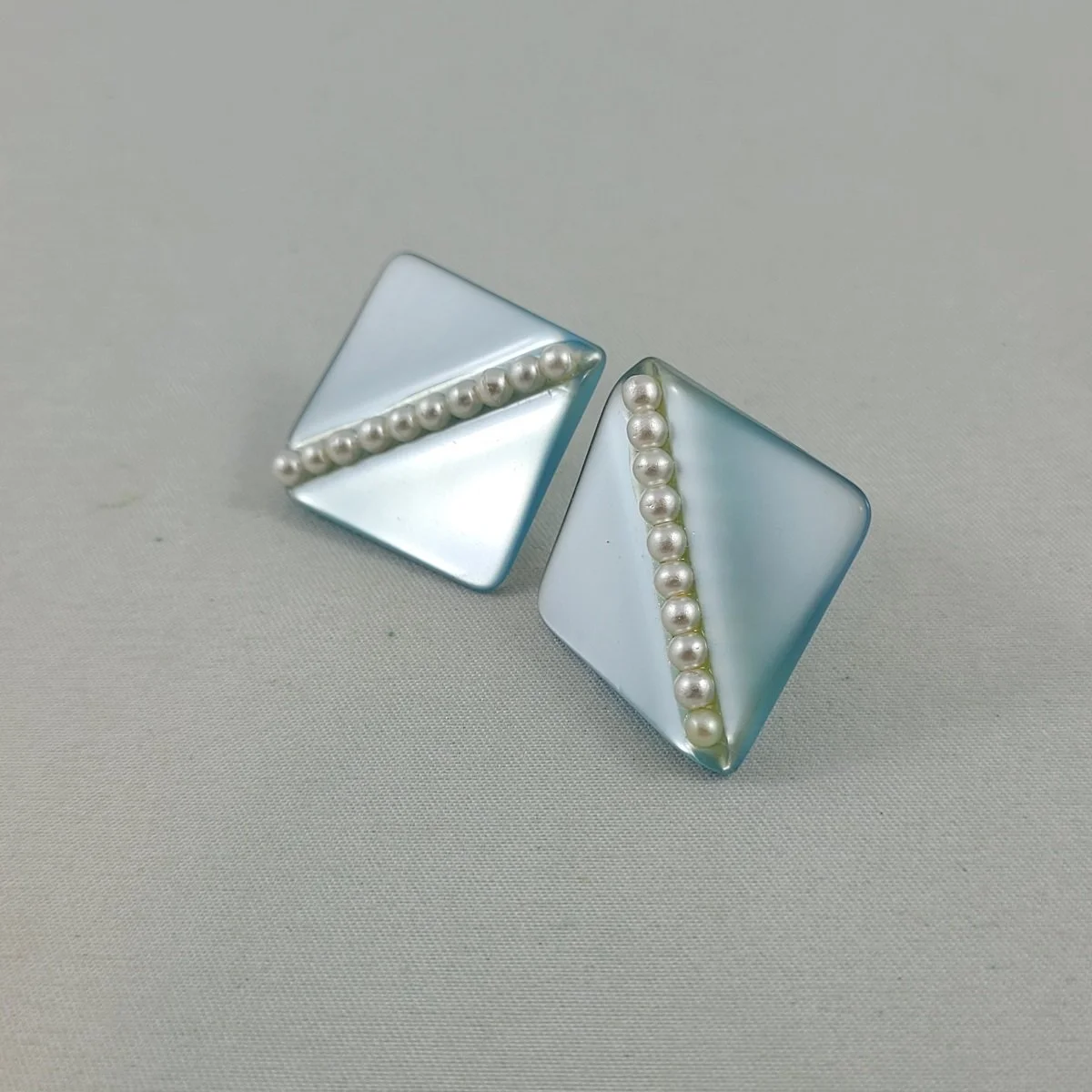 Translucent Baby Blue Moonglow Channel Set Pearls Tapered Square 1 Inch Pierced Earrings -3.jpg