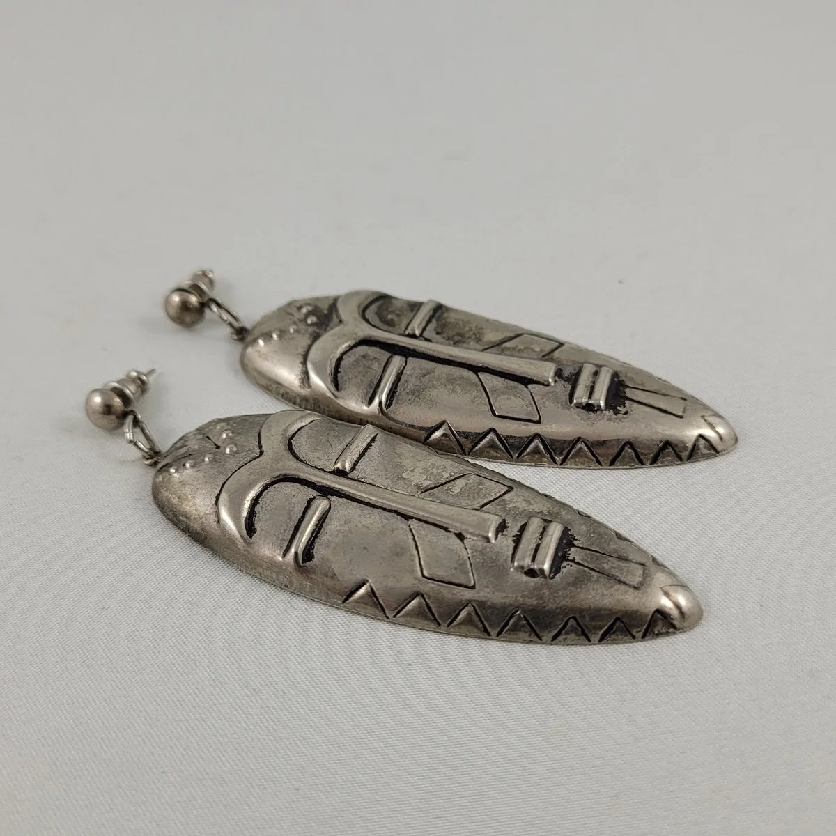 Rustic Silver-tone Repousse Elongated Tribal Mask Drop Pierced Earrings -3.jpg