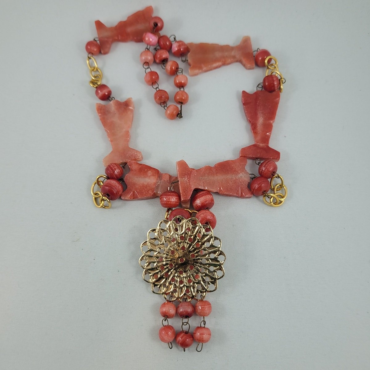 Boho Mexican 1970's Mayan Aztec Tribal Carved Mask Banded Coral Agate Stone Gold Filigree Pendant Round Totem Bead Wire Necklace Backside
