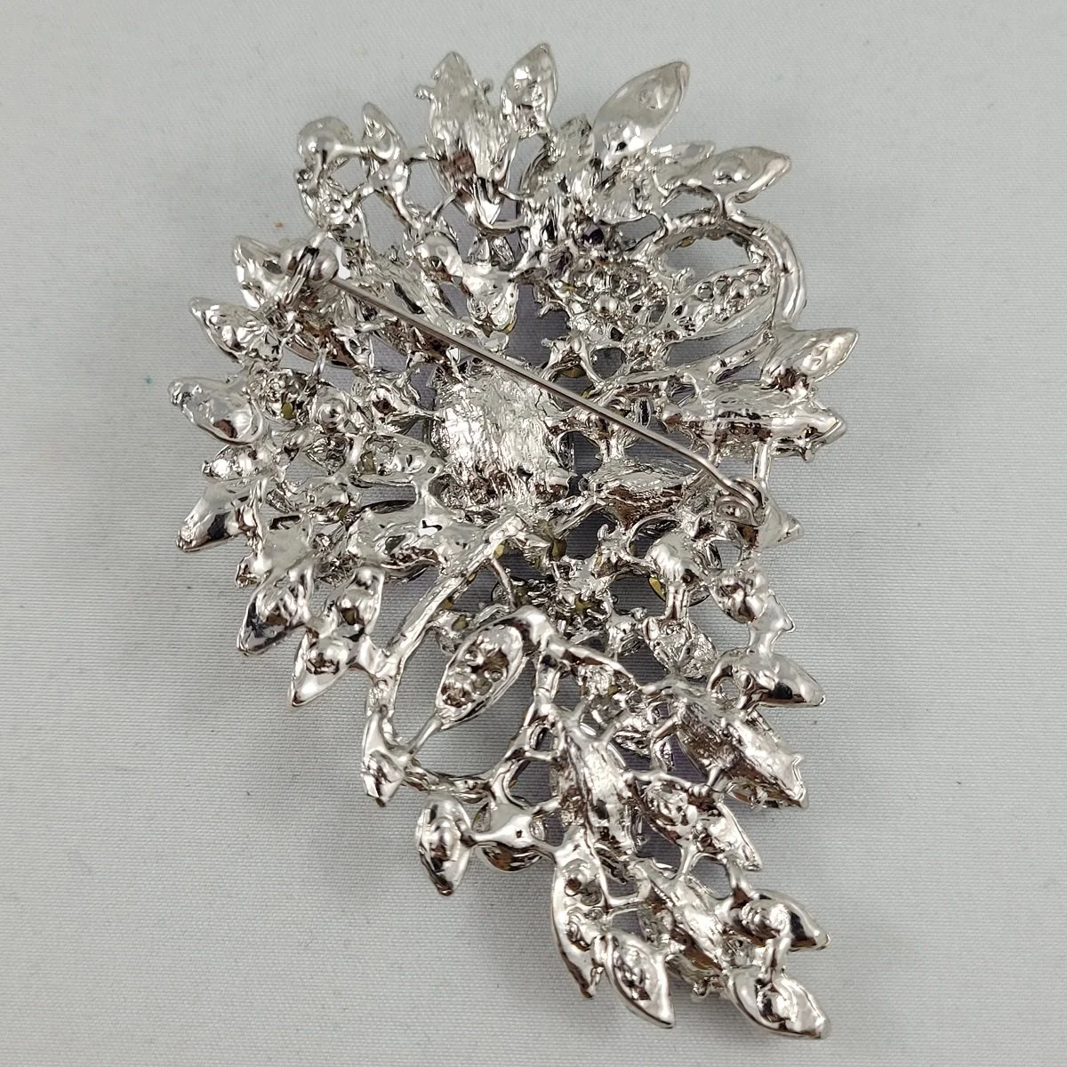 Purple Navette Chaton AB Rhinestone Silver-tone Large Leaf Brooch Backside
