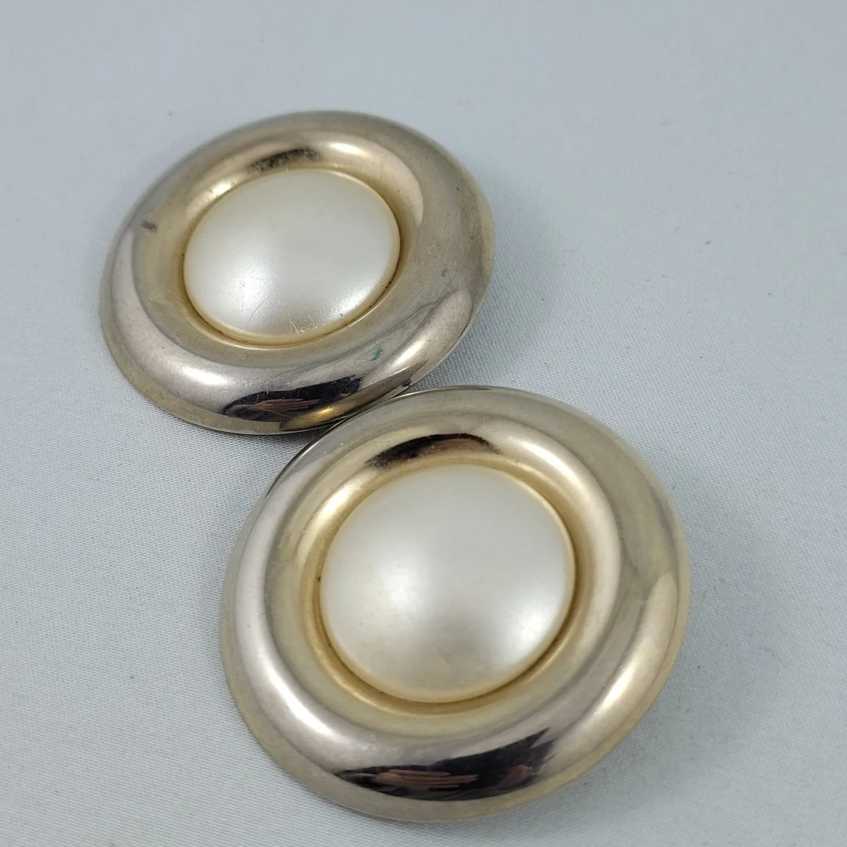 Inlaid Faux Mabe Pearl Solid Brass 2 Inch Round Pierced Earrings