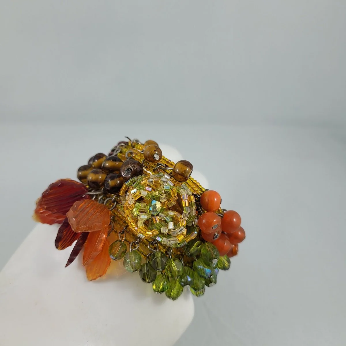 Haskell Hess Inspired Multi Strand Memory Wire Autumn Theme Glass Bead Cluster Leaf Drops Open Cuff Wrap Bracelet -3.jpg