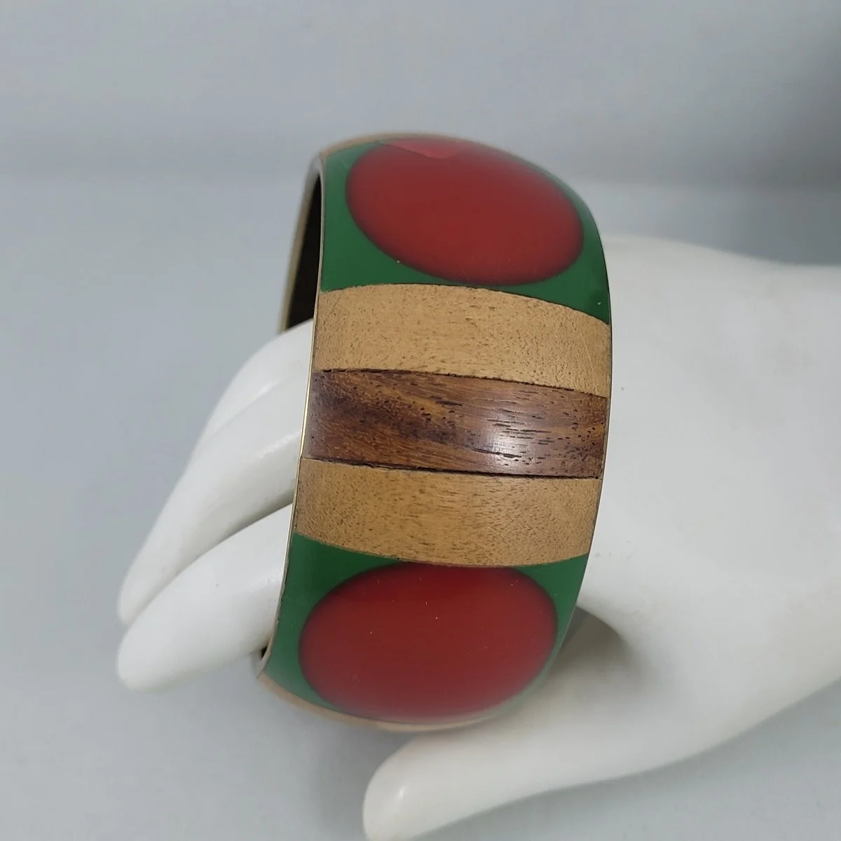 Art Deco Wood Panel Green Red Dot Laminated Resin Inlay Brass Domed Bangle Bracelet Side