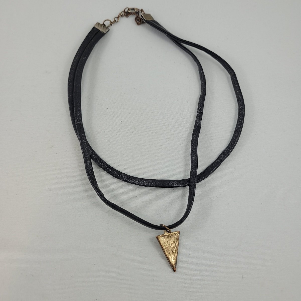 Double Banded Black Pleather Enameled Plated Copper Pendant Adjustable 17 Inch Choker Collar Necklace -2.jpg