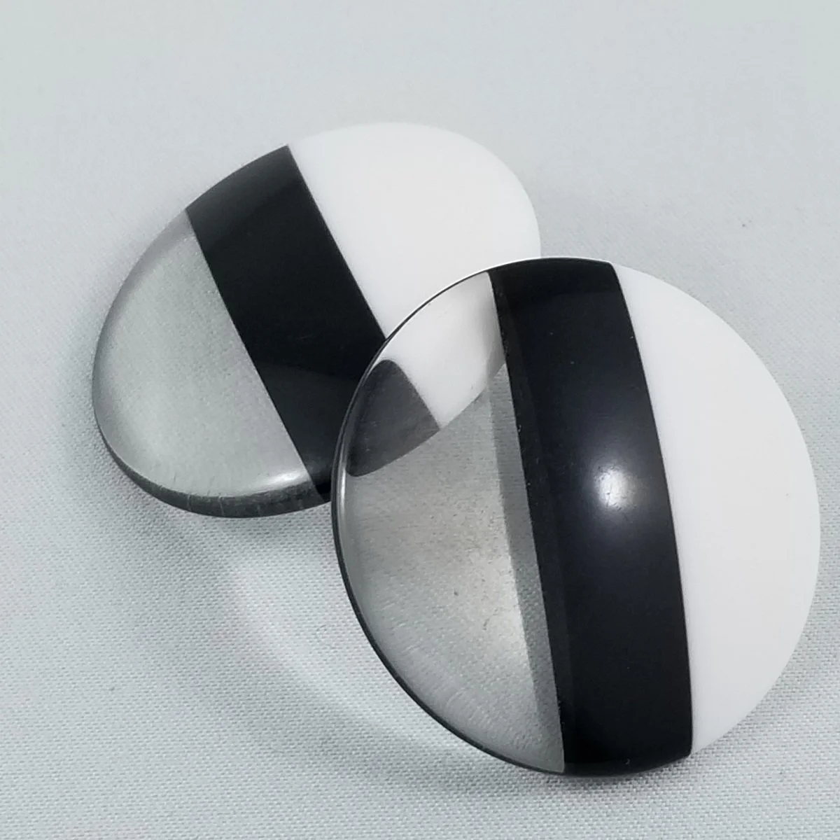 Op-Art Ice-Clear Tri-Band Monochrome Lucite Domed Disk Pierced Earrings -10.jpg