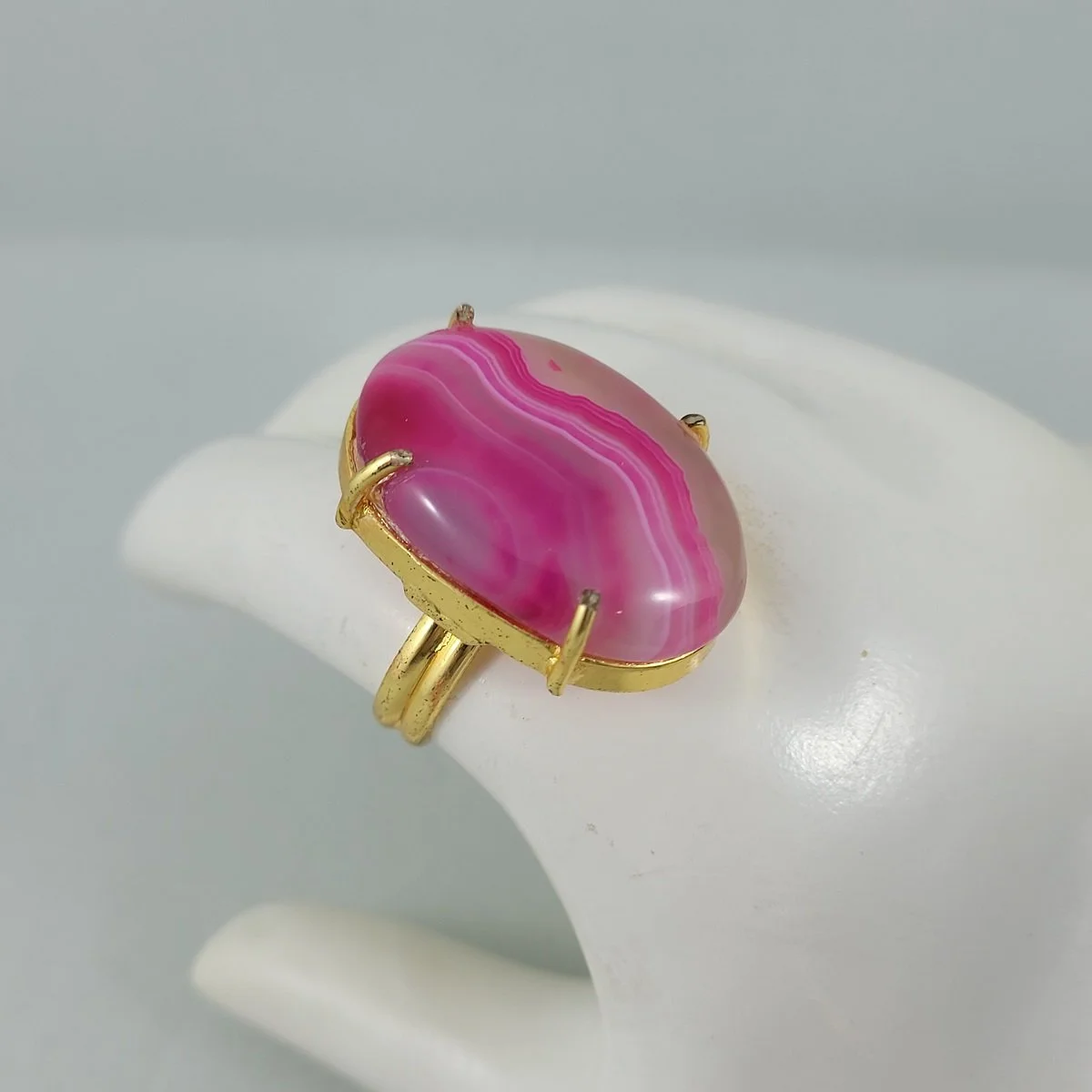 Genuine Oval Pink Agate Open Back Prong Set Gold Plated Copper Adjustable Ribbed Band Cocktail Ring -5.jpg