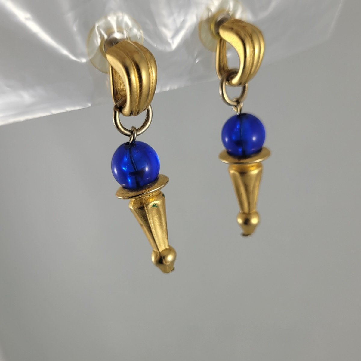 1960's Matte Satin Gold Cobalt Blue Round Bead Hoop Spike Drop 2 Inch Pierced Earrings -2.jpg