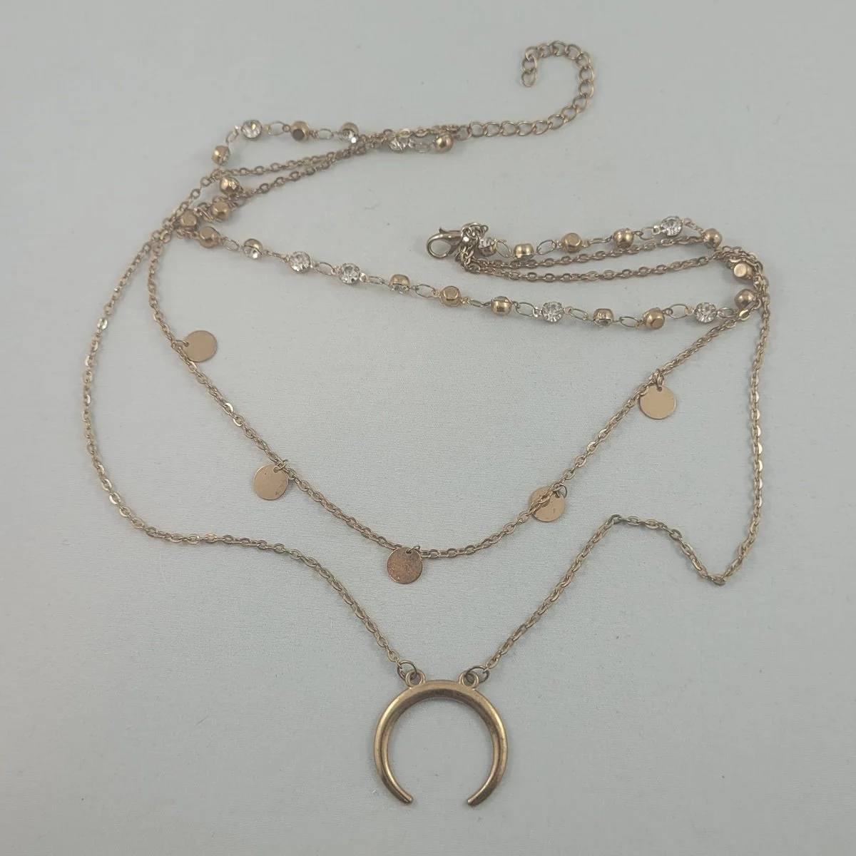 Triple Strand Gold Rolo Chain Prong Set Clear Chaton Crystal Rhinestone Medallion Fringe Crescent Moon Fixed Pendant Princess Necklace -3.jpg