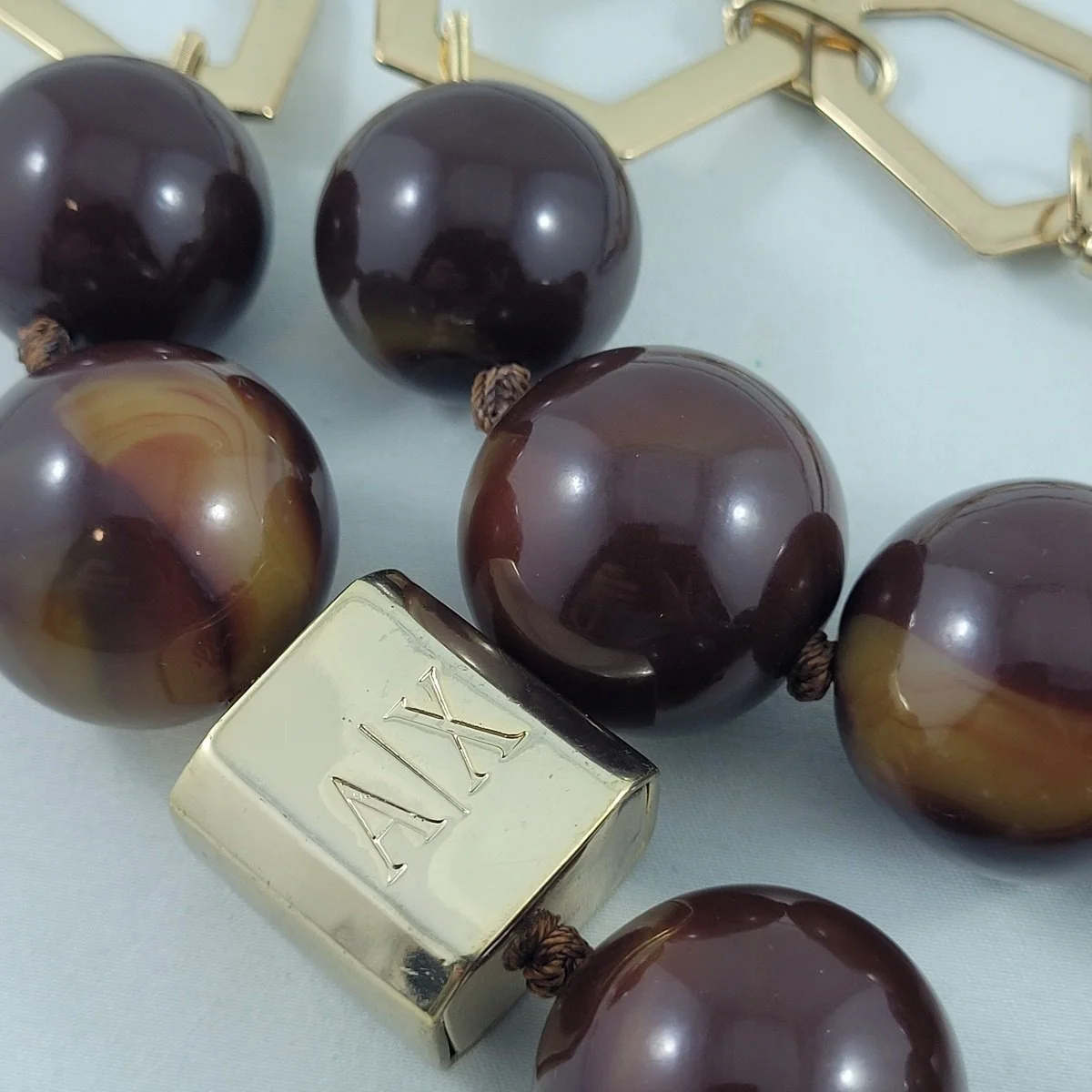 Armani Exchange AX Runway Statement Graduated Marbled Brown Oversized Bead Gold Plated Necklace w Black Leather Cord -1.jpg (Copy)