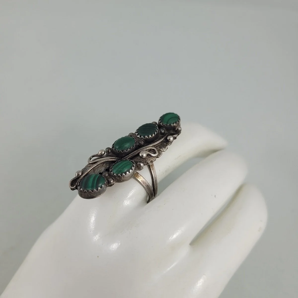 Southwest Native American Navajo Artist Signed Sterling Silver Bezel Set Malachite Gemstone Shield Ring Sz 7.5 -9 (Copy)