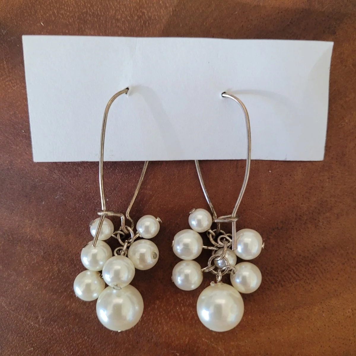 Simulated Pearl Chain Bead Cluster Drop 2.5 Inch Aluminum Kidney Wire Pierced Cha Cha Earrings