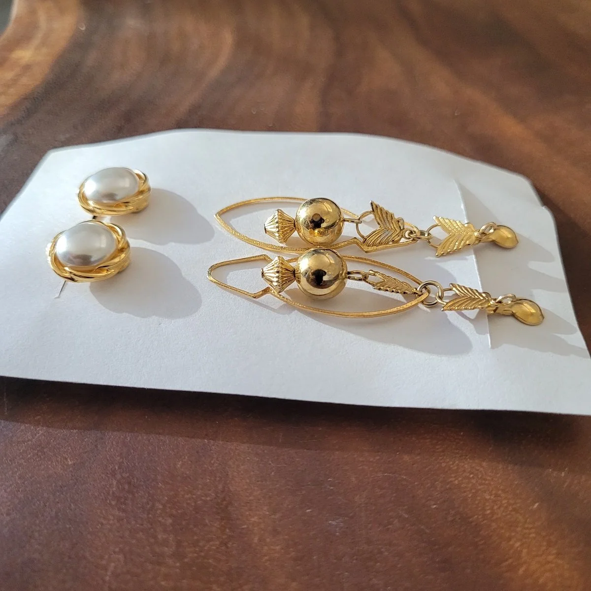 TWO PAIRS - 1950's - 1960's Gold-tone 2.75 Inch Round Bead Drop Simulated Mabe Pearl Gold Border Clip-on Earrings Side View