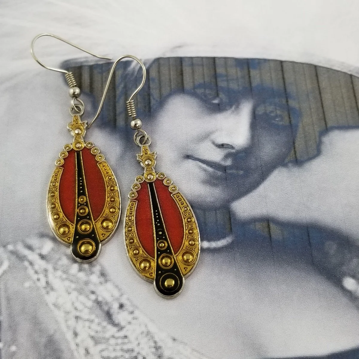 Pierre Bex 1980’s Art Deco “Geometric Drop” Crimson and Onyx Enamel Silver-Tone Pierced Earrings -1.jpg