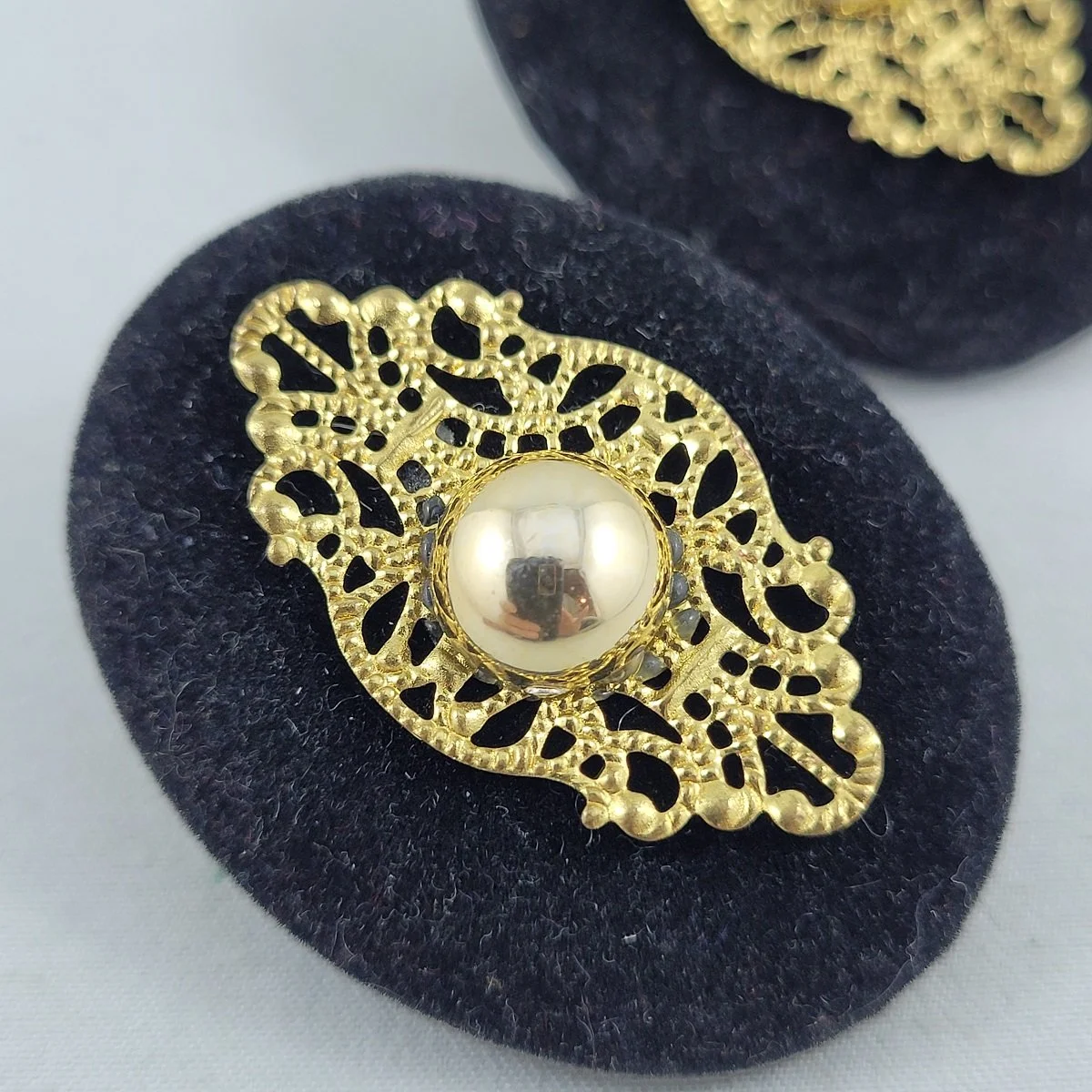 1990's Vintage Glam Black Velvet Wrap Gold Filigree Oval 1.875 Inch Pierced Earrings -3.jpg