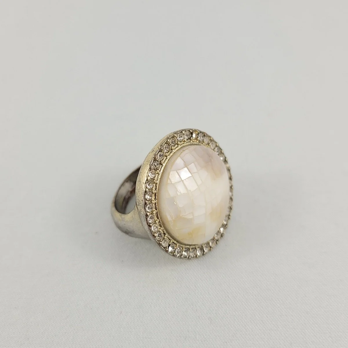 Albion Style Plated Copper Channel Set Crystal Rhinestone Border Mosaic Mother of Pearl Shell Domed Cabochon 26.3mm Cocktail Ring Size 6.5