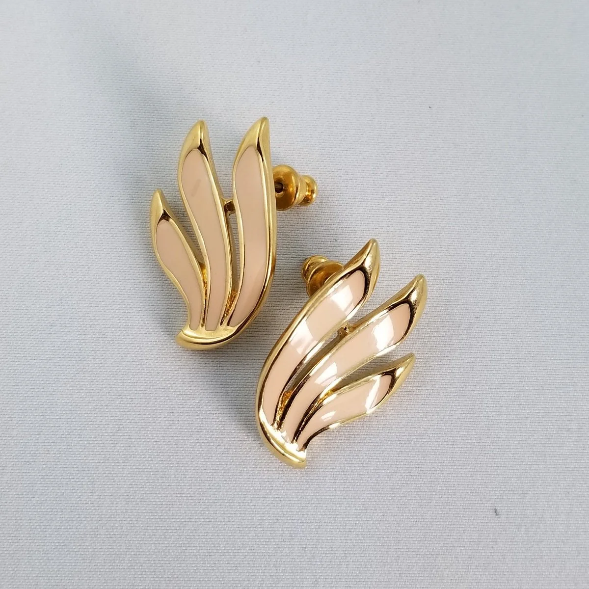 Trifari Pink Enamel Gold-tone Fluid Wing Pierced Earrings -3.jpg
