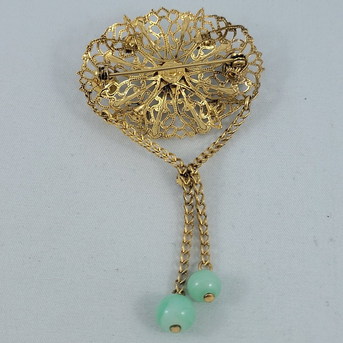 Intricate Ruffled Gold Filigree Chrysoprase Jade Glass Prong Set Black Green Rhinestone Swag Chain Dangle Chatelaine Brooch -3.jpg