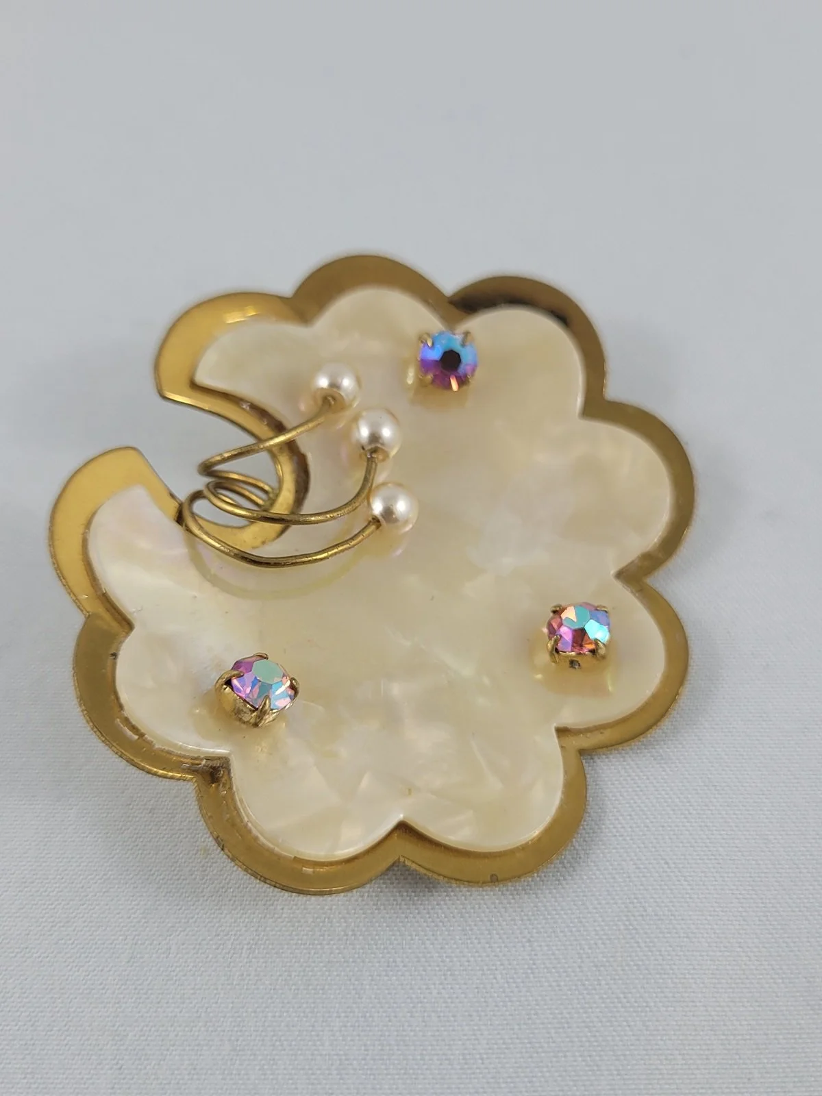West Germany Matte Brass Pearlized Moonglow Lucite Pink Aurora Borealis Faux Pearl Mid Century Cloud Brooch -2.jpg